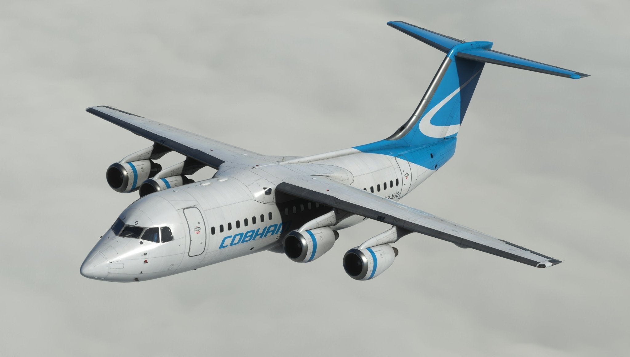 A Just Flight BAE-146 Professional for MSFS2020 aircraft is soaring through the sky, viewed from an angled perspective. The plane is painted white with blue accents on the tail and engines, featuring the Cobham logo on its fuselage. The background rendered in MSFS2020 shows a sky filled with clouds.