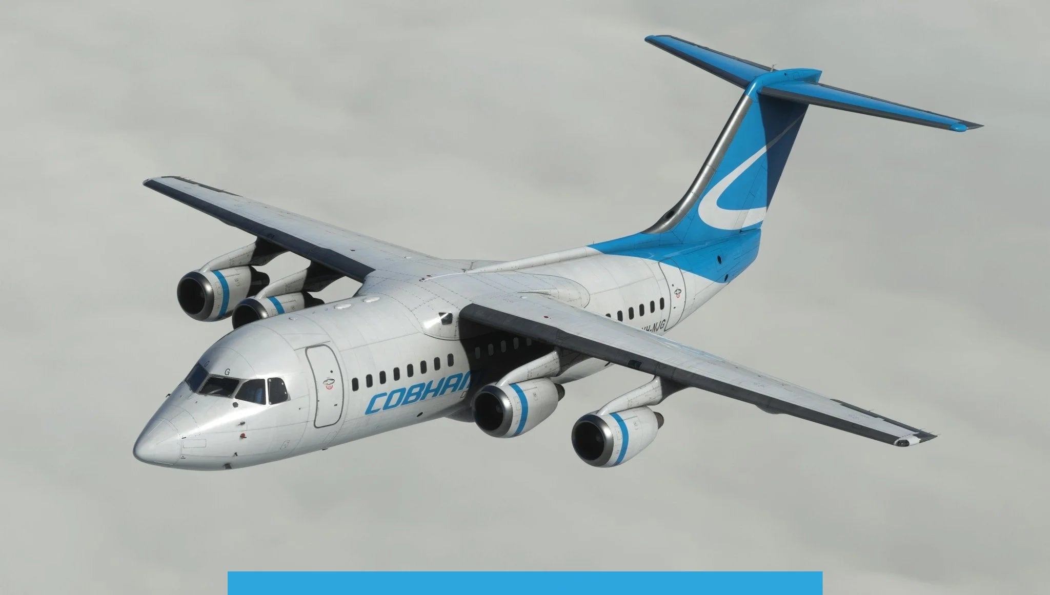 A Just Flight BAE-146 Professional for MSFS2020 aircraft is soaring through the sky, viewed from an angled perspective. The plane is painted white with blue accents on the tail and engines, featuring the Cobham logo on its fuselage. The background rendered in MSFS2020 shows a sky filled with clouds.