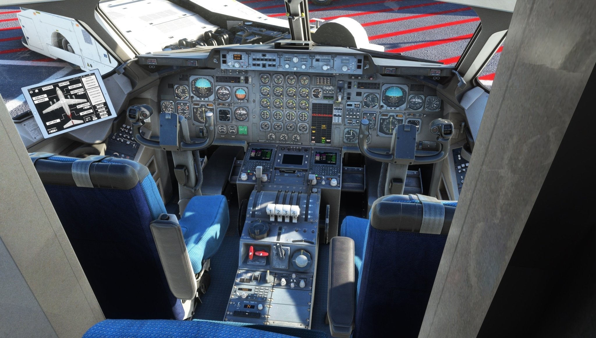 The image showcases the cockpit of an aircraft from Just Flight's BAE-146 Professional for MSFS2020, featuring multiple instruments, dials, and screens. Two pilot seats are positioned before the control panel, with the cockpit window providing a view of the tarmac outside.