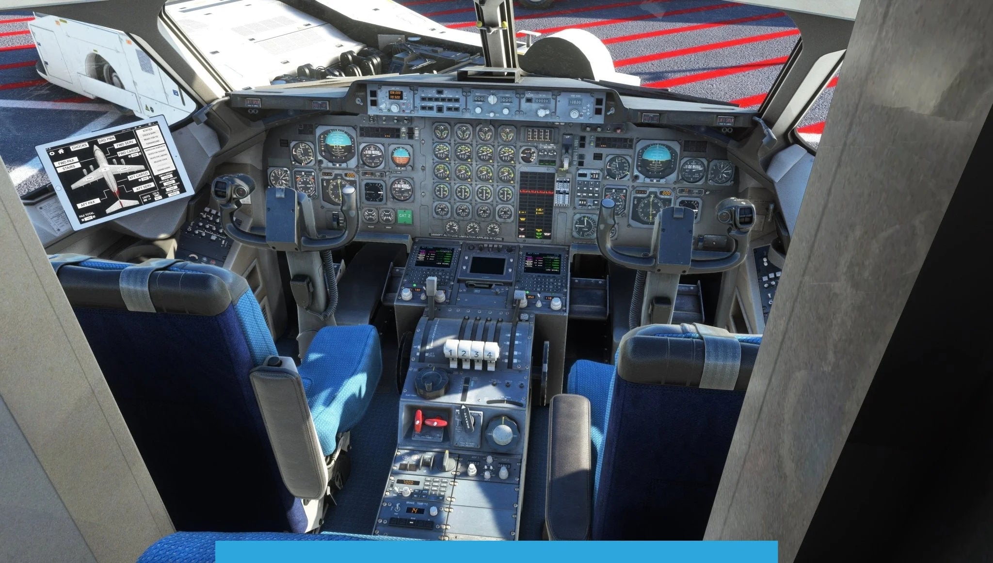 The image showcases the cockpit of an aircraft from Just Flight's BAE-146 Professional for MSFS2020, featuring multiple instruments, dials, and screens. Two pilot seats are positioned before the control panel, with the cockpit window providing a view of the tarmac outside.