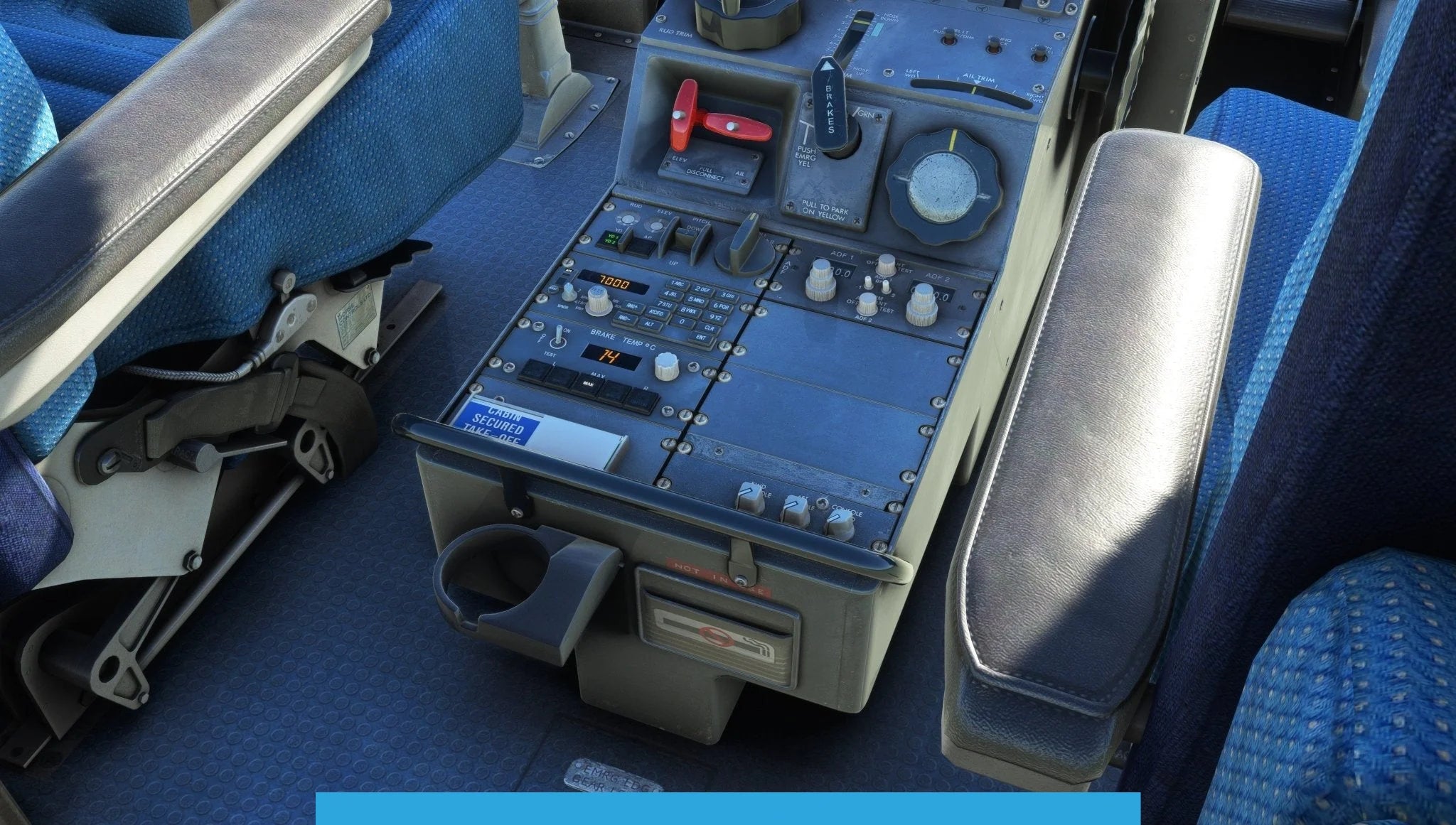 The image highlights the cockpit center console of an aircraft, resembling the Just Flight BAE-146 Professional for MSFS2020. It includes an array of controls, switches, dials, and a cup holder, situated between two blue pilot seats to deliver an authentic flight experience as seen in Just Flight simulations.