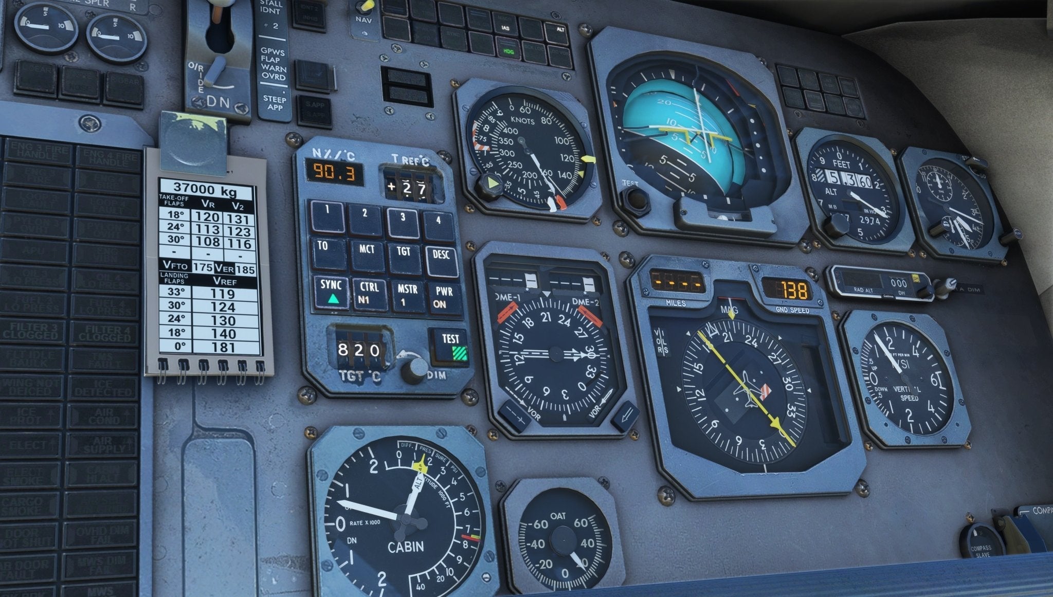 The cockpit instrument panel of the Just Flight BAE-146 Professional for MSFS2020 showcases various gauges and dials, such as altimeters, a compass, and speed indicators, with a reference card clipped on the left displaying essential MSFS flight data and parameters.