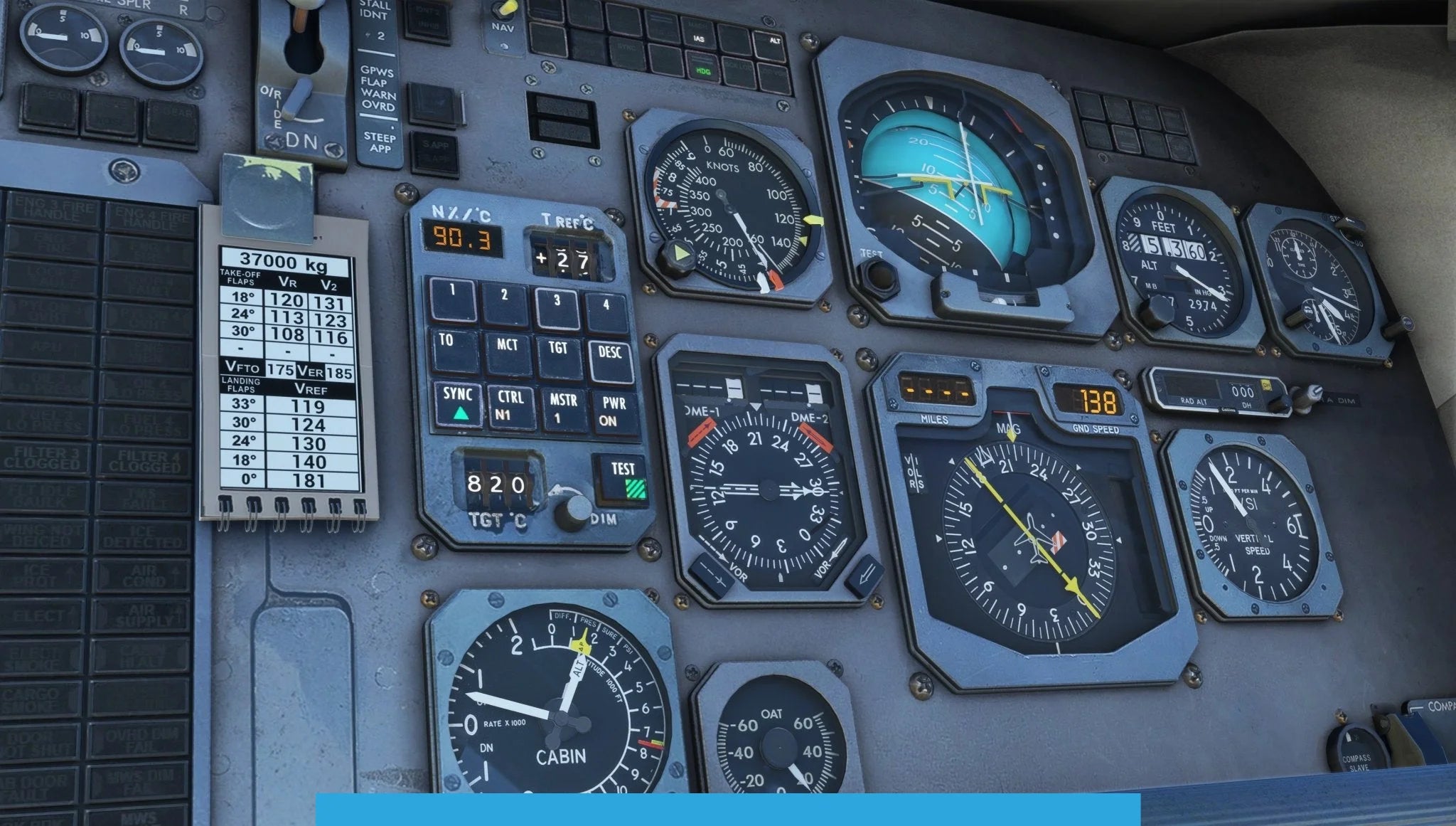 The cockpit instrument panel of the Just Flight BAE-146 Professional for MSFS2020 showcases various gauges and dials, such as altimeters, a compass, and speed indicators, with a reference card clipped on the left displaying essential MSFS flight data and parameters.