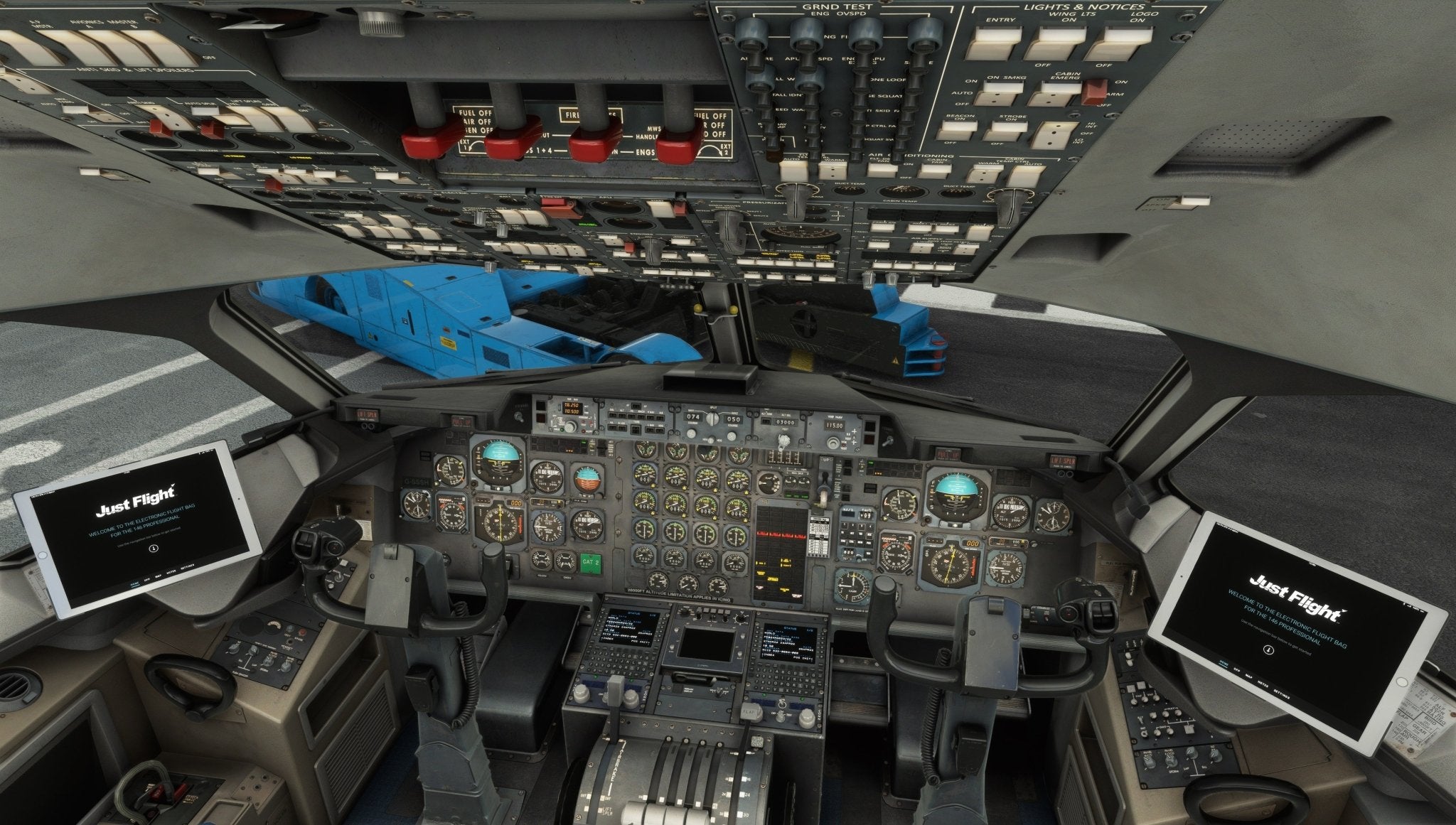 Inside the cockpit of an airplane, a detailed instrument panel is fitted with numerous control switches and screens prominently featuring the "Just Flight" logo. Two pilot seats are encircled by a variety of flight controls and gauges, crafted with the precision typical of the Just Flight BAE-146 Professional for MSFS2020.