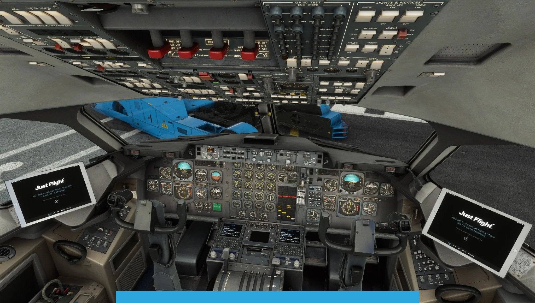 Inside the cockpit of an airplane, a detailed instrument panel is fitted with numerous control switches and screens prominently featuring the "Just Flight" logo. Two pilot seats are encircled by a variety of flight controls and gauges, crafted with the precision typical of the Just Flight BAE-146 Professional for MSFS2020.