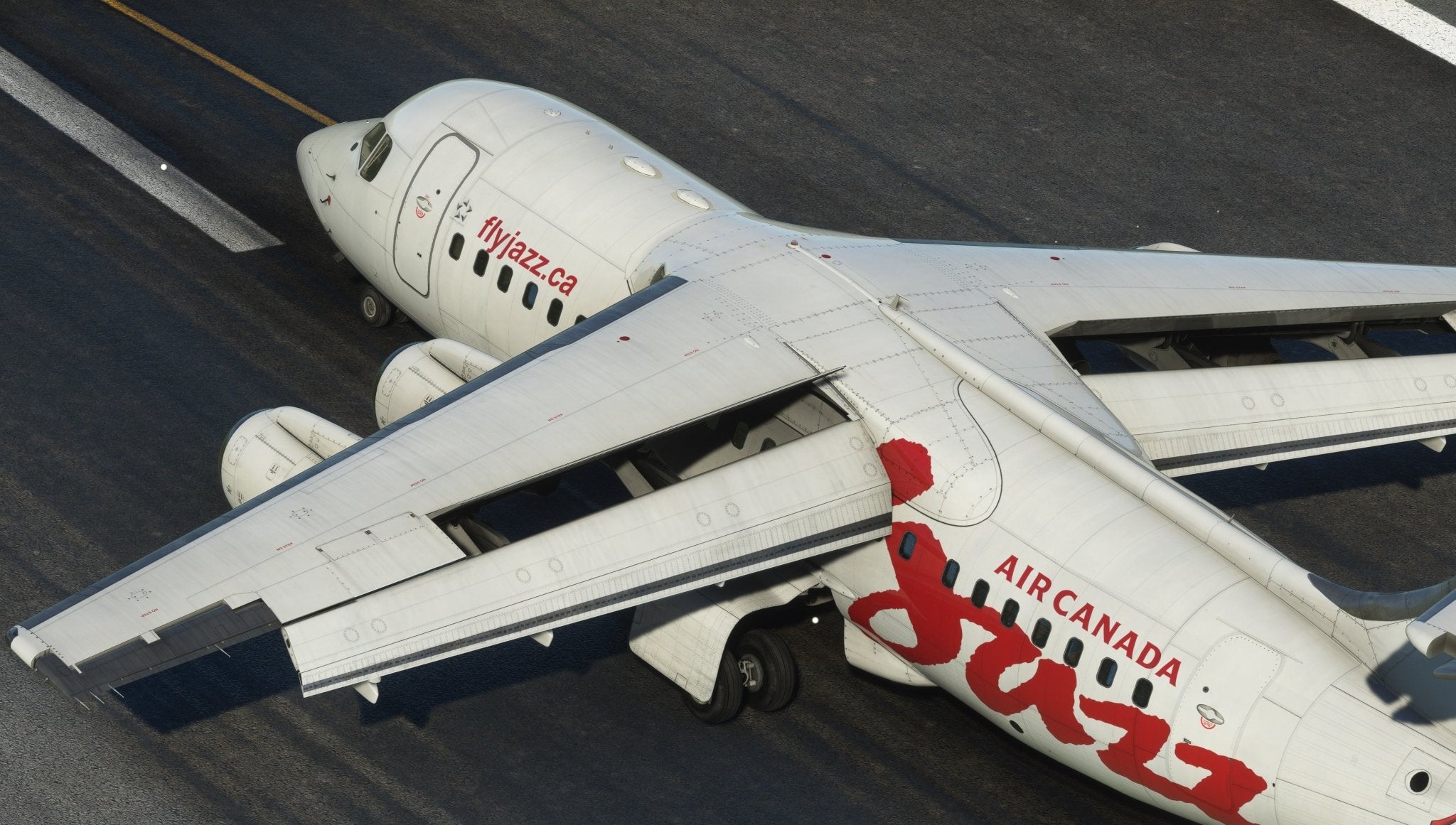 An airplane on the runway, featuring Air Canada Jazz livery, displays a captivating red maple leaf logo and "flyjazz.ca" on its fuselage. The white aircraft with red accents appears poised for takeoff or landing, resembling the authenticity seen in Just Flight's BAE-146 Professional for MSFS2020.