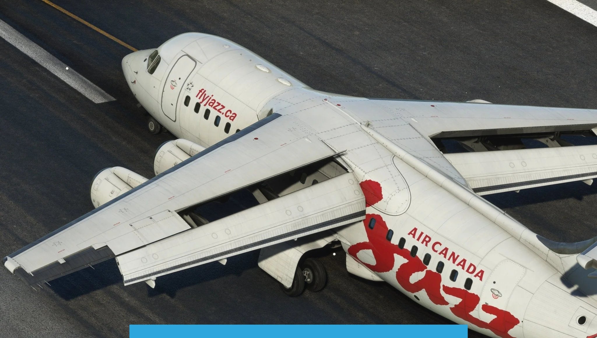 An airplane on the runway, featuring Air Canada Jazz livery, displays a captivating red maple leaf logo and "flyjazz.ca" on its fuselage. The white aircraft with red accents appears poised for takeoff or landing, resembling the authenticity seen in Just Flight's BAE-146 Professional for MSFS2020.