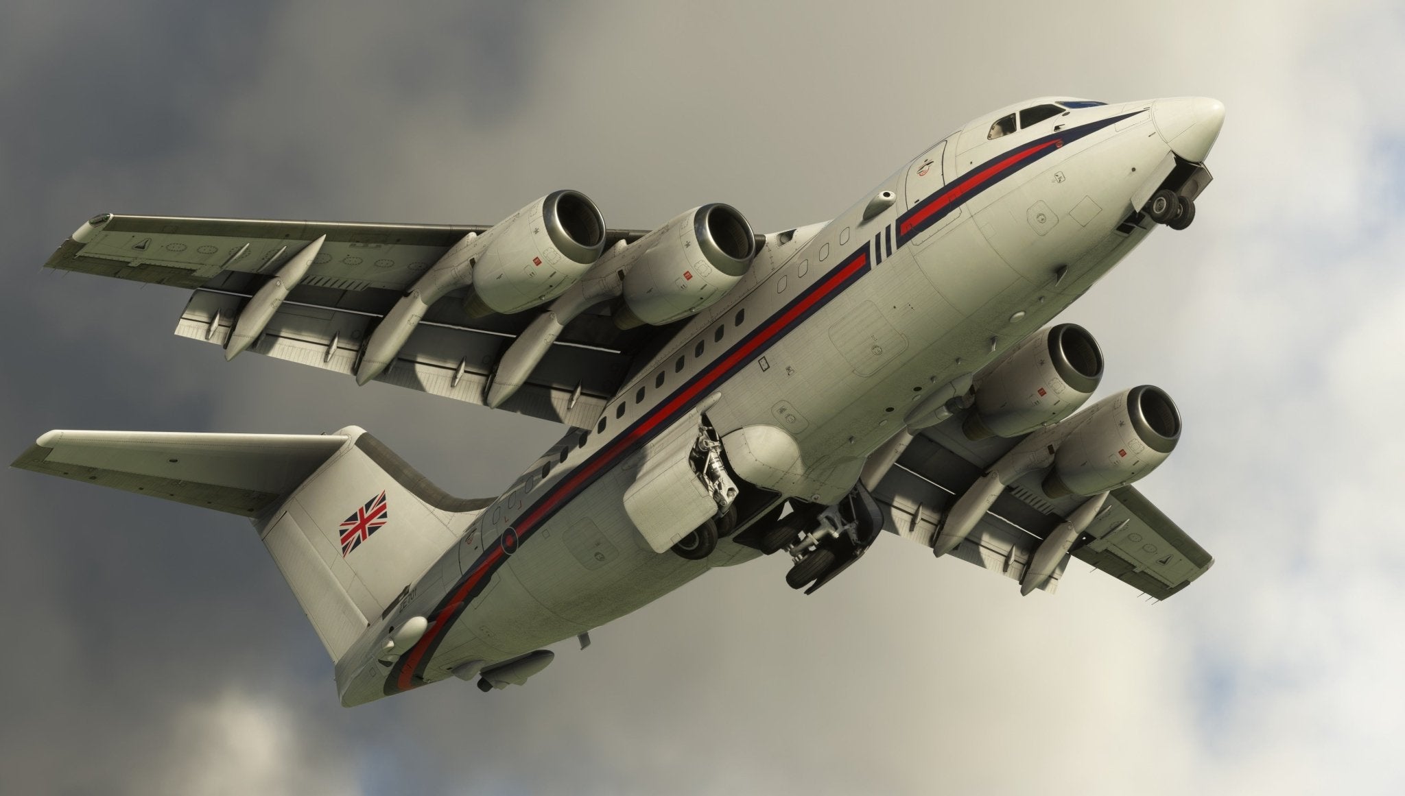 A four-engine airplane with a British flag on its tail flies through a cloudy sky, featuring a design stripe in blue, white, and red. This aircraft is gracefully ascending to the right and resembles the Just Flight BAE-146 Professional for MSFS2020.