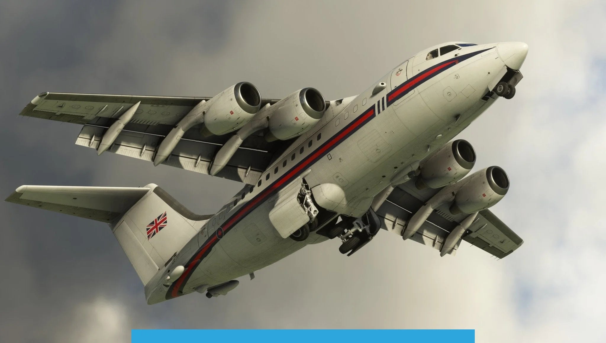 A four-engine airplane with a British flag on its tail flies through a cloudy sky, featuring a design stripe in blue, white, and red. This aircraft is gracefully ascending to the right and resembles the Just Flight BAE-146 Professional for MSFS2020.