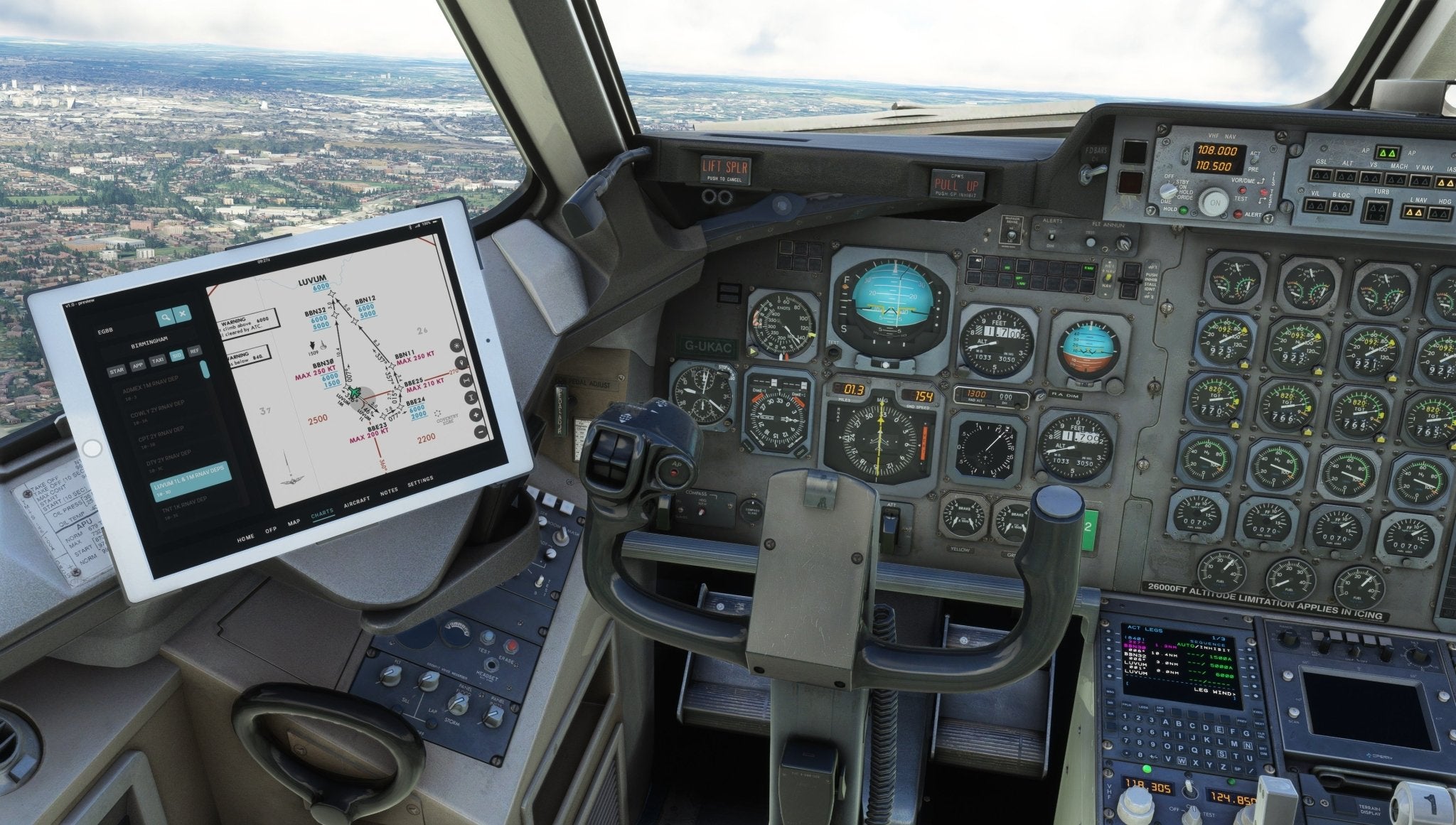 The image depicts the cockpit of an aircraft, echoing the experience of Just Flight's MSFS2020 simulations. It features an array of controls and instruments, including a digital navigation tablet positioned near the pilot's seat, reminiscent of the Just Flight BAE-146 Professional series. Below, a city landscape can be seen under a partly cloudy sky.