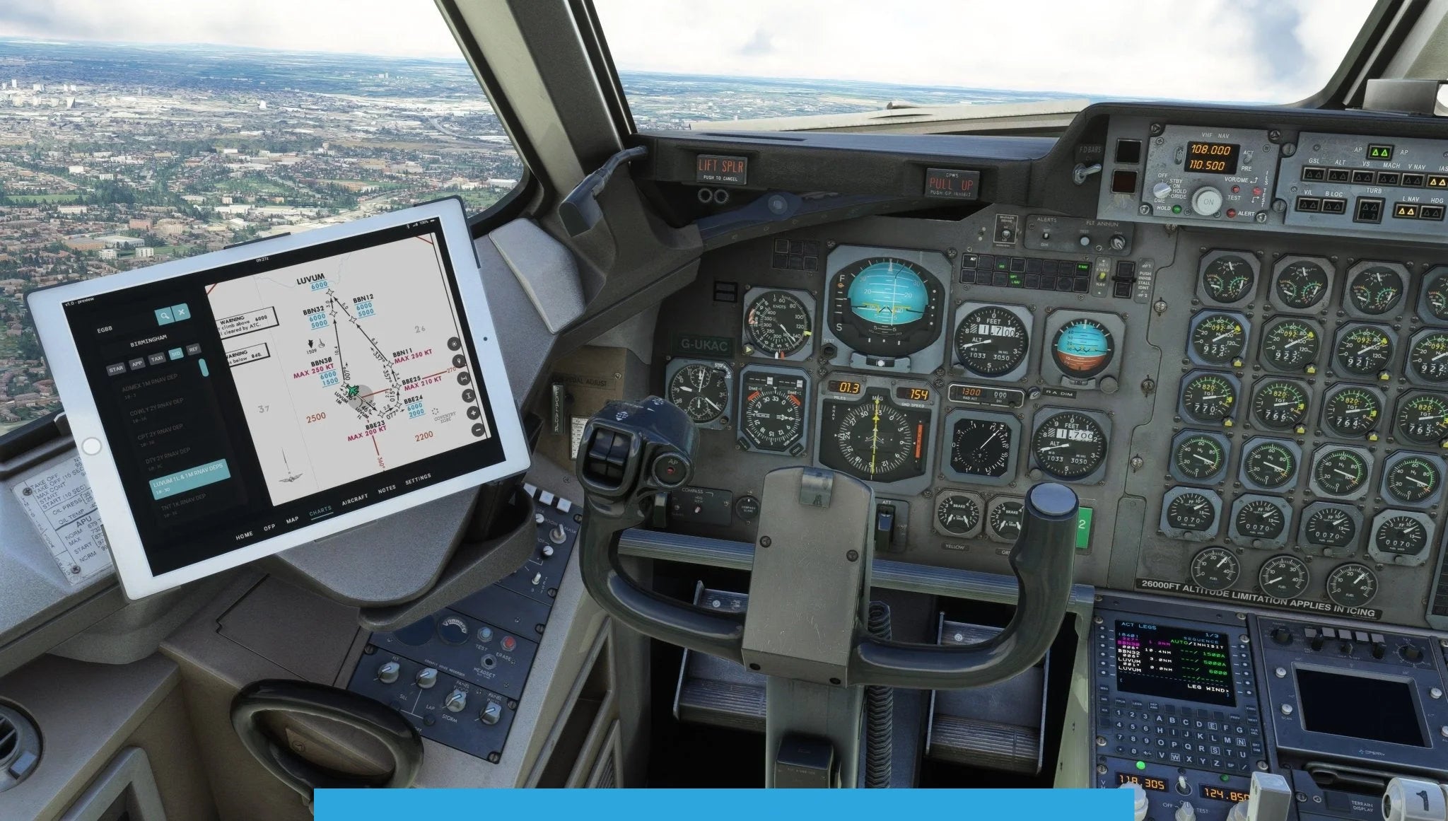 The image depicts the cockpit of an aircraft, echoing the experience of Just Flight's MSFS2020 simulations. It features an array of controls and instruments, including a digital navigation tablet positioned near the pilot's seat, reminiscent of the Just Flight BAE-146 Professional series. Below, a city landscape can be seen under a partly cloudy sky.