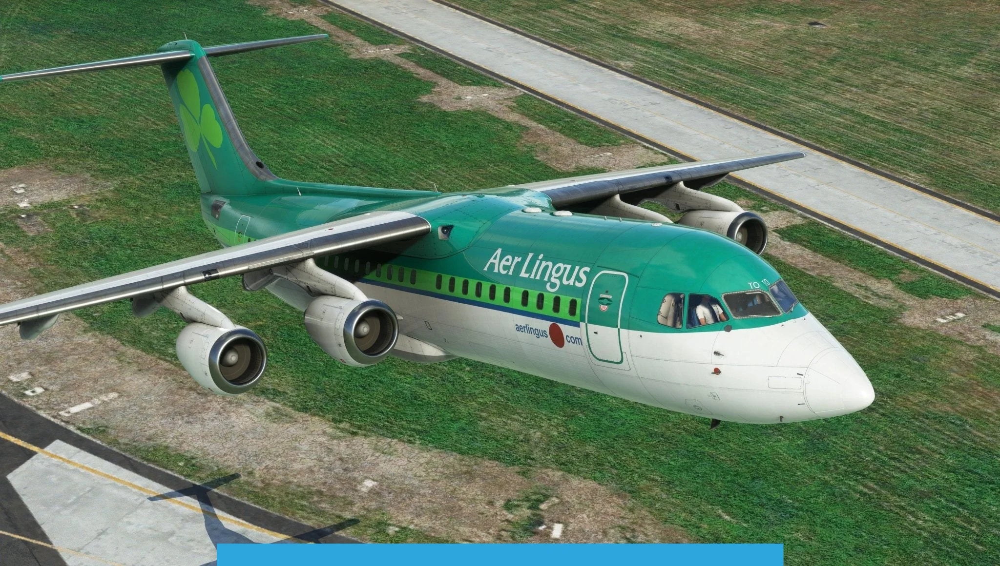 A Just Flight BAE-146 Professional aircraft from MSFS2020 gracefully flies over a grassy area near the runway. This green and white plane, featuring a shamrock emblem on its tail, offers an awe-inspiring aerial view, reminiscent of a scene captured in Microsoft Flight Simulator by Just Flight.