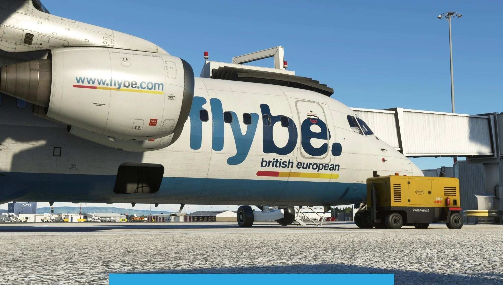 A close-up of a Flybe aircraft parked at an airport gate features "flybe.com" on its engine and "flybe British European" on the fuselage. A ground power unit is stationed nearby, set against a clear blue sky—an image evocative of Just Flight's BAE-146 Professional for MSFS2020.