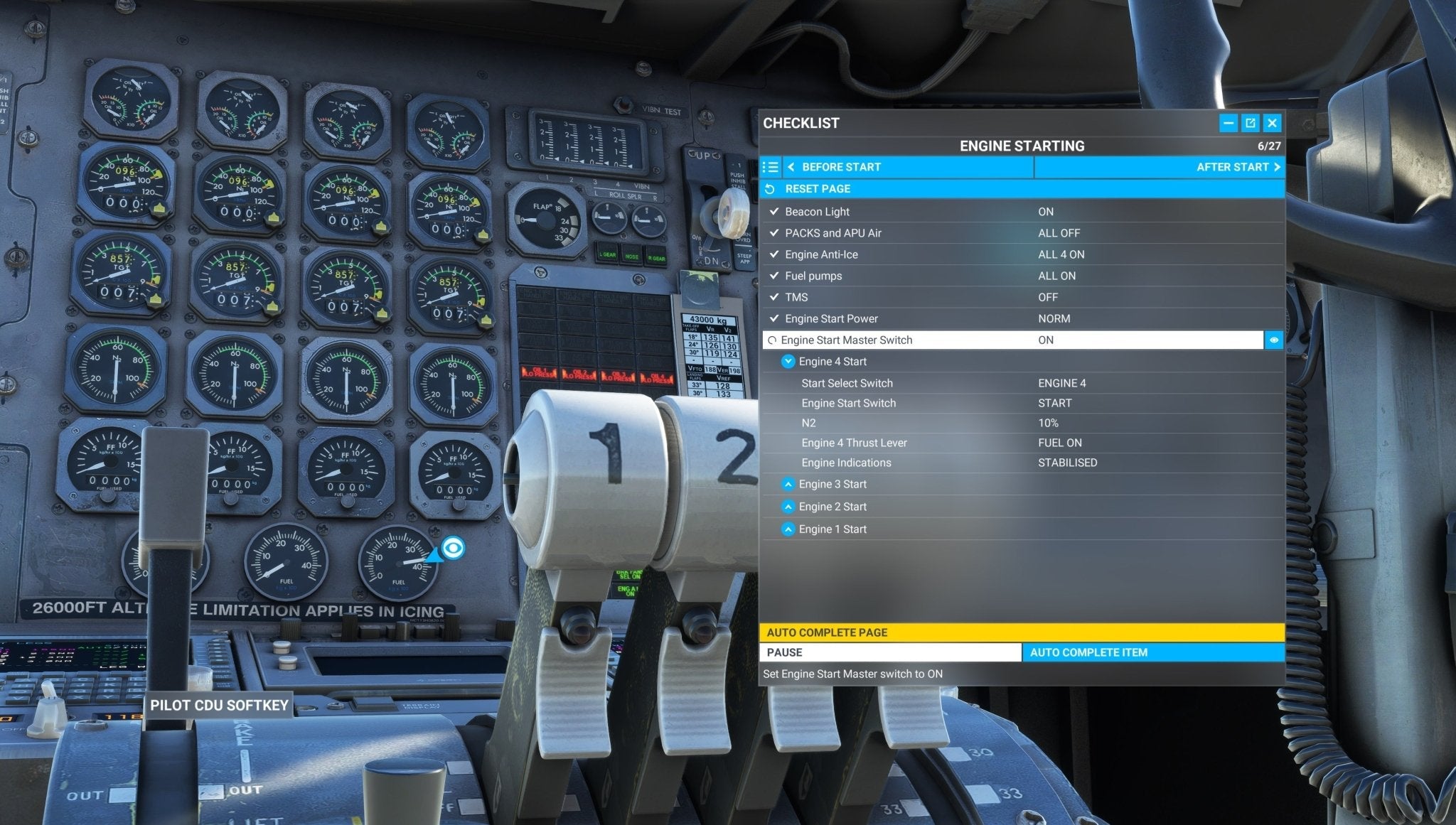 A close-up of an aircraft cockpit in MSFS shows the engine starting checklist from the Just Flight BAE-146 Professional for MSFS2020 add-on. Various gauges and levers are visible, with the engine start procedure highlighted on a digital screen.