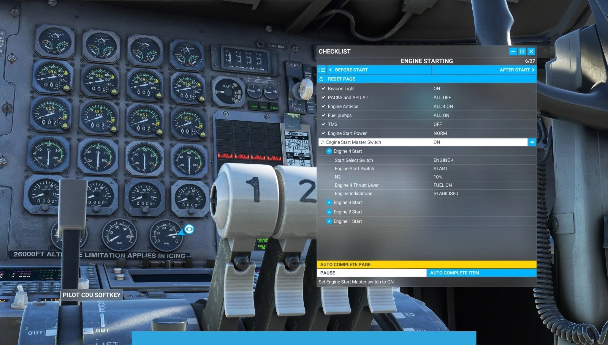 A close-up of an aircraft cockpit in MSFS shows the engine starting checklist from the Just Flight BAE-146 Professional for MSFS2020 add-on. Various gauges and levers are visible, with the engine start procedure highlighted on a digital screen.