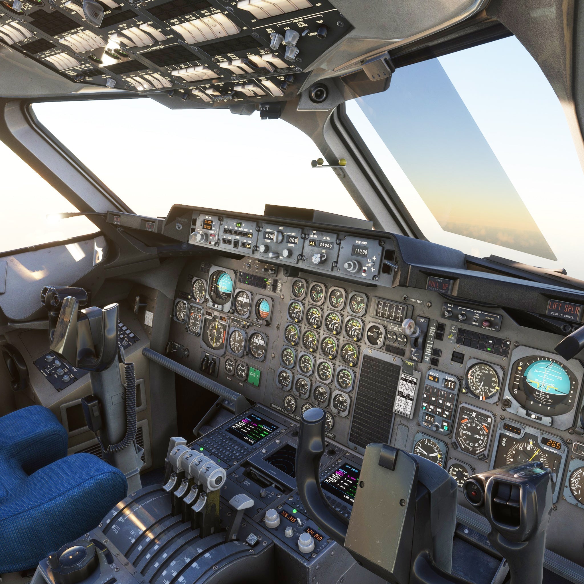 The cockpit interior of the Just Flight BAE-146 Professional for MSFS2020 aircraft showcases a variety of instruments, gauges, and controls. The pilot's seat is visible on the left as sunlight streams through the windows, casting light throughout the scene just like in Microsoft Flight Simulator.