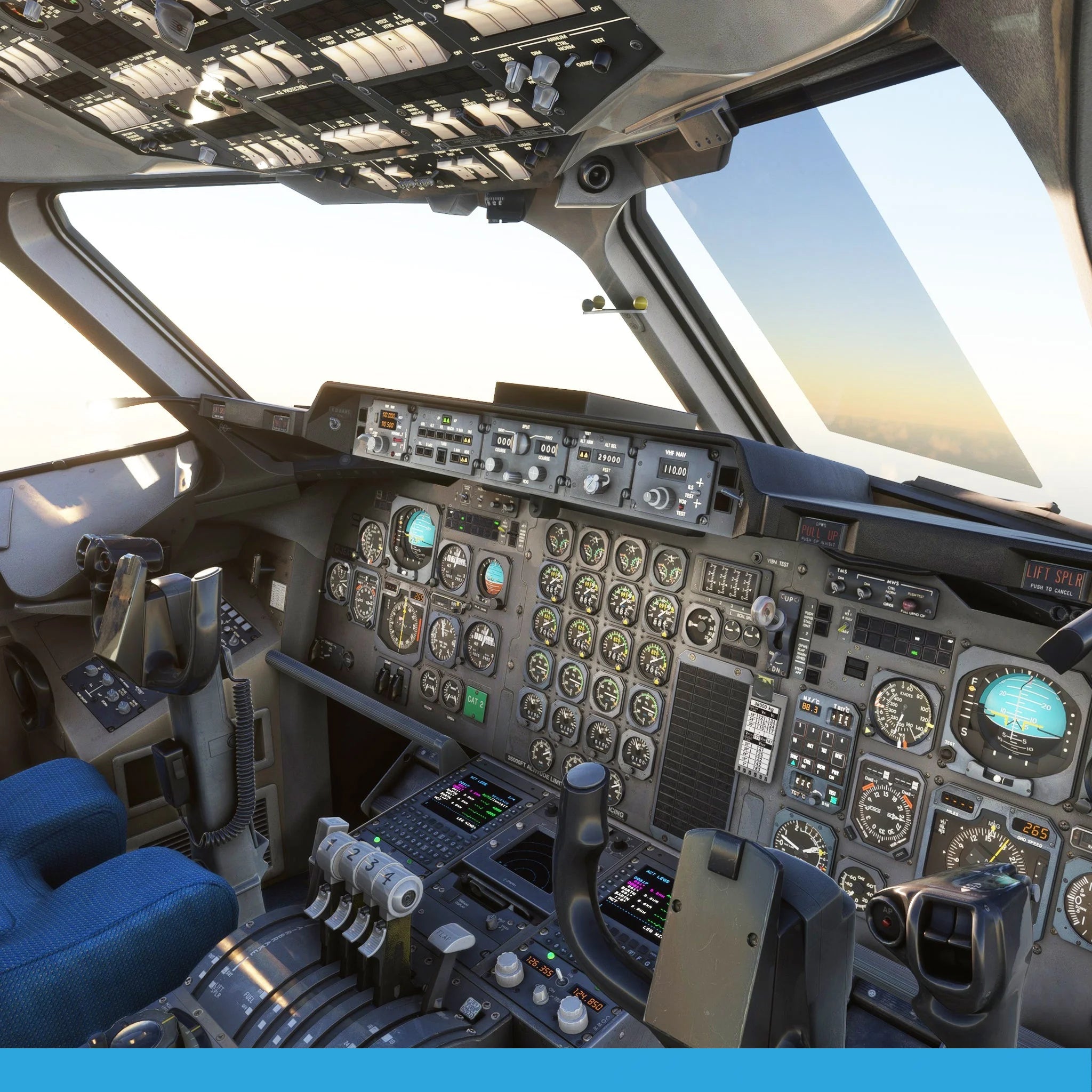 The cockpit interior of the Just Flight BAE-146 Professional for MSFS2020 aircraft showcases a variety of instruments, gauges, and controls. The pilot's seat is visible on the left as sunlight streams through the windows, casting light throughout the scene just like in Microsoft Flight Simulator.