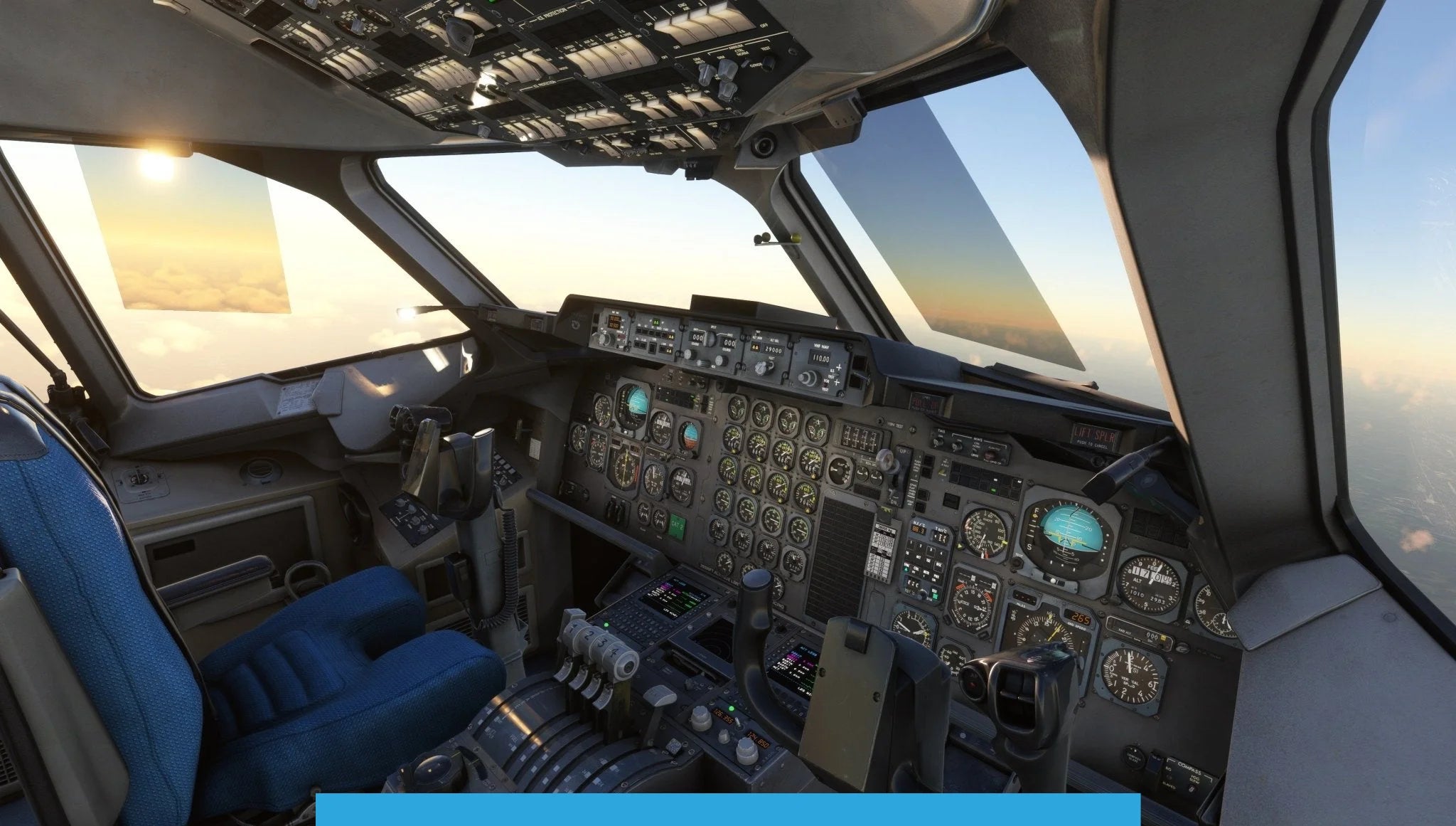 During flight, the cockpit of the Just Flight BAE-146 Professional for MSFS2020 features an advanced array of dials, gauges, and control panels. Outside, a clear sky with a setting sun bathes the instruments in a warm glow, while a blue pilot seat completes this MSFS-worthy display of aviation excellence.