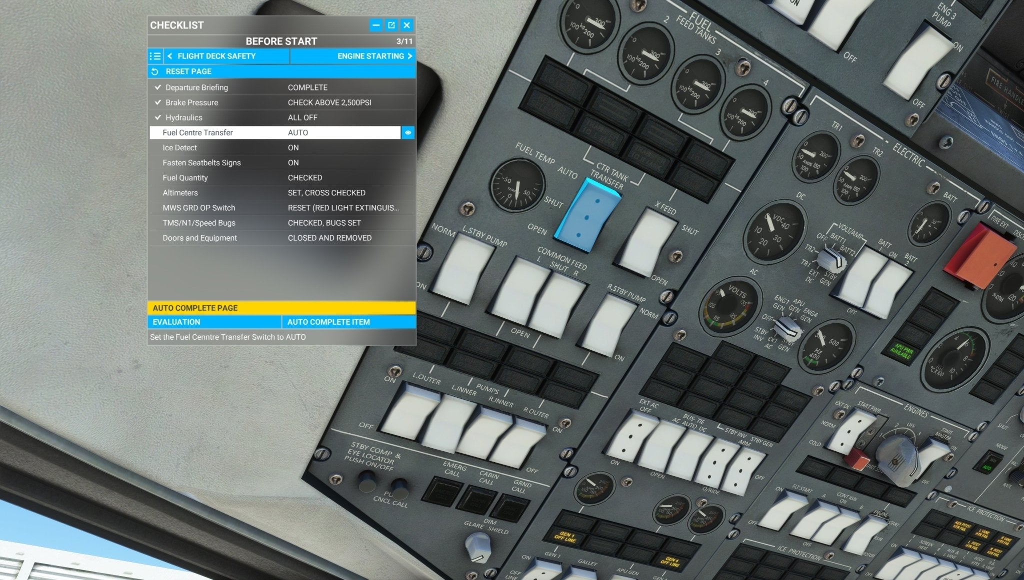 A comprehensive look at the Just Flight BAE-146 Professional for MSFS2020 flight deck panel reveals numerous switches and controls. The featured checklist shows the "Fuel Selector Both" set to AUTO, along with other pre-start items. Discover the precision of Just Flight's advanced aviation simulation technology.