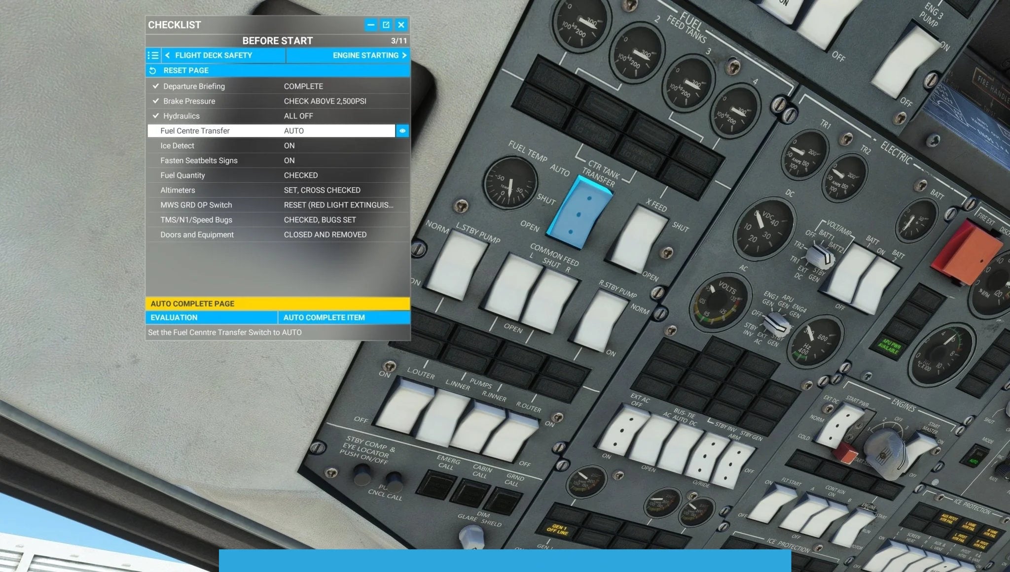 A comprehensive look at the Just Flight BAE-146 Professional for MSFS2020 flight deck panel reveals numerous switches and controls. The featured checklist shows the "Fuel Selector Both" set to AUTO, along with other pre-start items. Discover the precision of Just Flight's advanced aviation simulation technology.