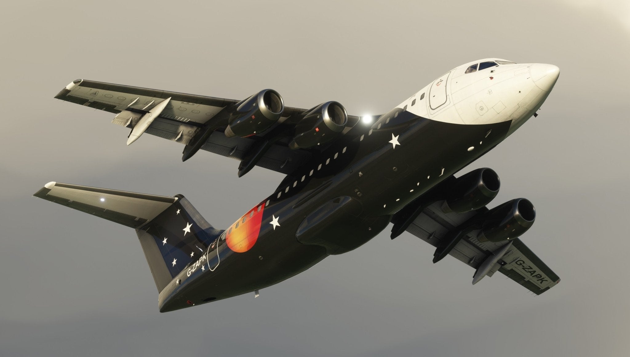 A BAE-146 Professional for MSFS2020, featuring four engines, navigates through the overcast sky. Its underside is adorned in black with white stars and a striking sun graphic. The landing gear is retracted, and the registration number stands out on the wings—a scene evocative of Just Flight realism in Microsoft Flight Simulator 2020.