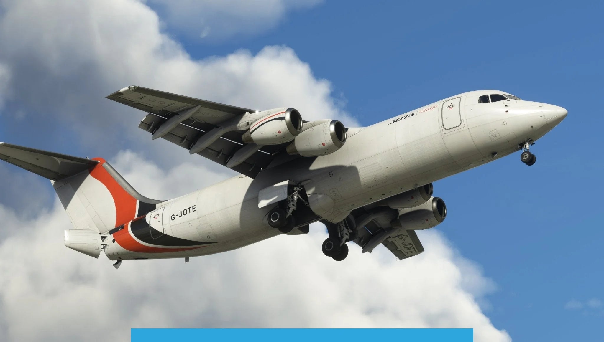 A white cargo airplane with red and black accents, featuring the "Just Flight" emblem, flies against a blue sky. The Just Flight BAE-146 Professional for MSFS2020 model displays its landing gear in a photograph taken from a slightly lower angle against the clouds.