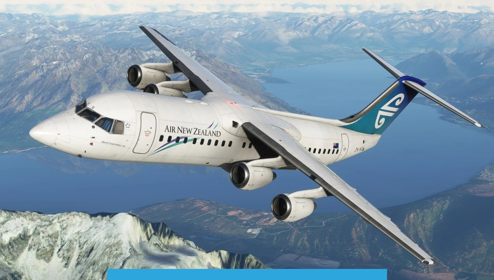 A white Air New Zealand airplane, reminiscent of the Just Flight BAE-146 Professional for MSFS2020, soars gracefully above a scenic landscape. Below, mountains cradle a serene lake amid lush greenery. The clear sky is dotted with scattered clouds as the MSFS-rendered aircraft glides from an angled view.