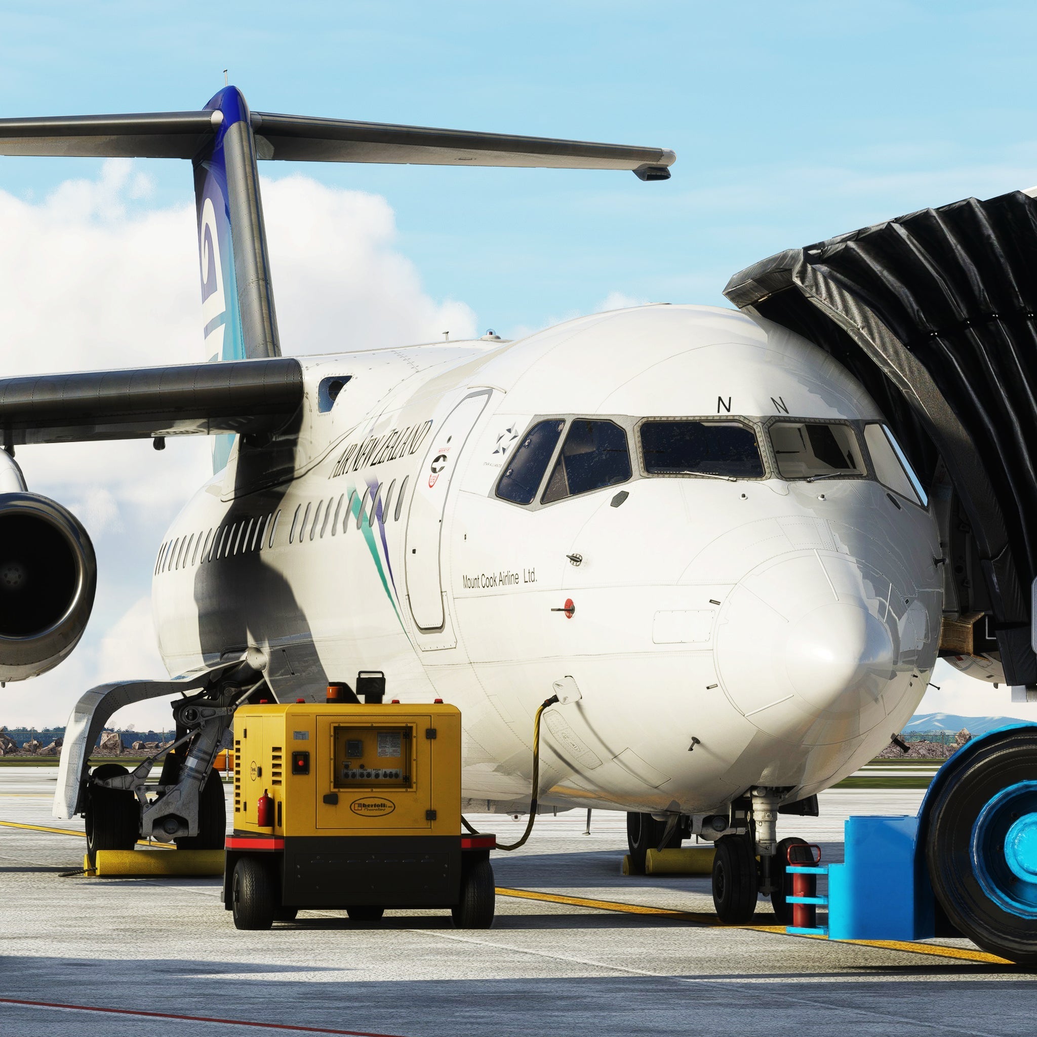 A white commercial airplane from the Just Flight BAE-146 Professional for MSFS2020 is stationed at an airport gate with a jet bridge connected to its side. Positioned in front of the aircraft, a yellow ground power unit is ready for use. This scene takes place under a partly cloudy blue sky, making it ideal for MSFS enthusiasts.