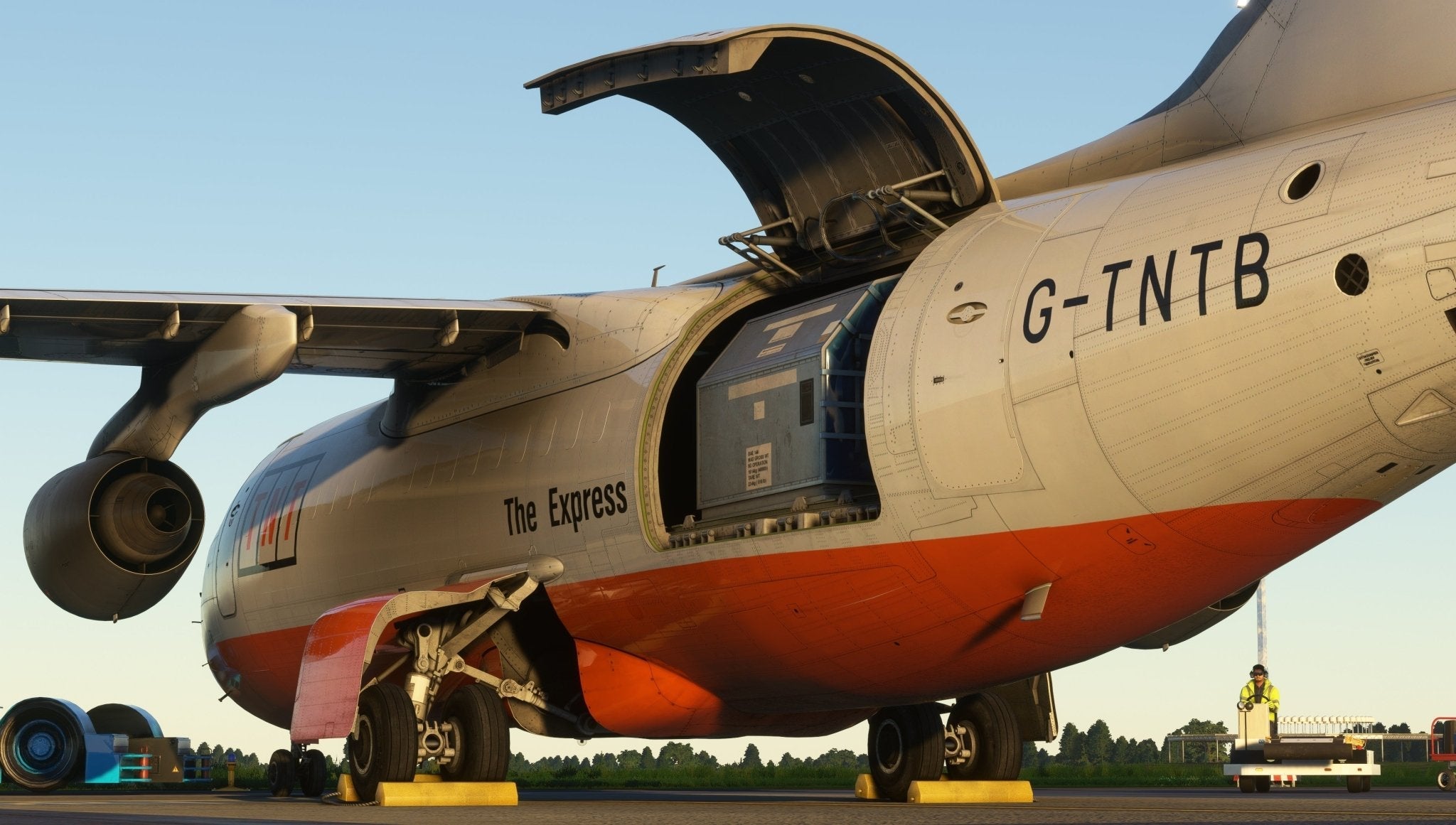 Cargo is being unloaded from an aircraft emblazoned with "The Express," echoing the realistic features of Just Flight's BAE-146 Professional for MSFS2020. The plane sits on a sunlit tarmac, framed by clear skies and airport structures.