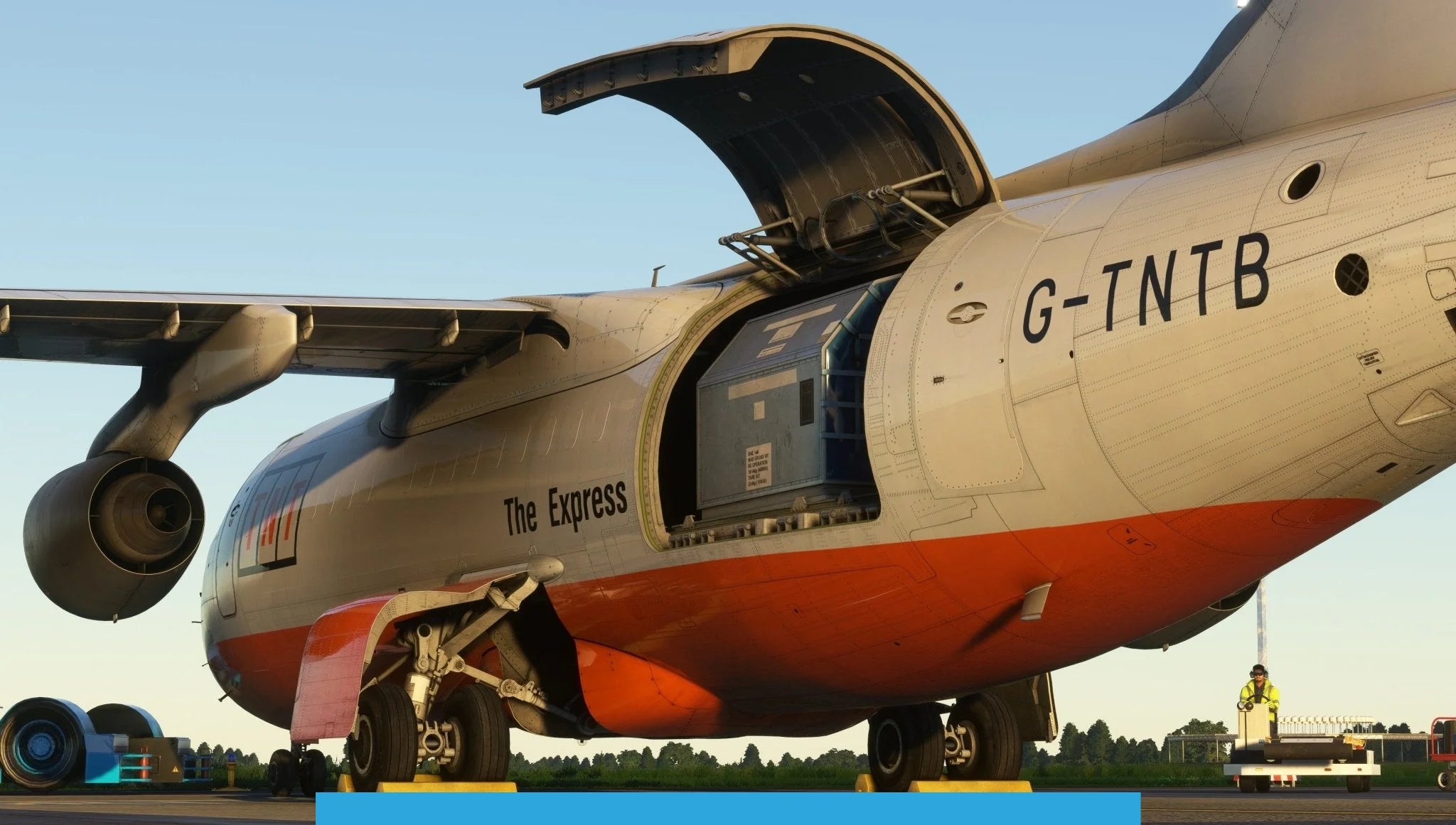 Cargo is being unloaded from an aircraft emblazoned with "The Express," echoing the realistic features of Just Flight's BAE-146 Professional for MSFS2020. The plane sits on a sunlit tarmac, framed by clear skies and airport structures.