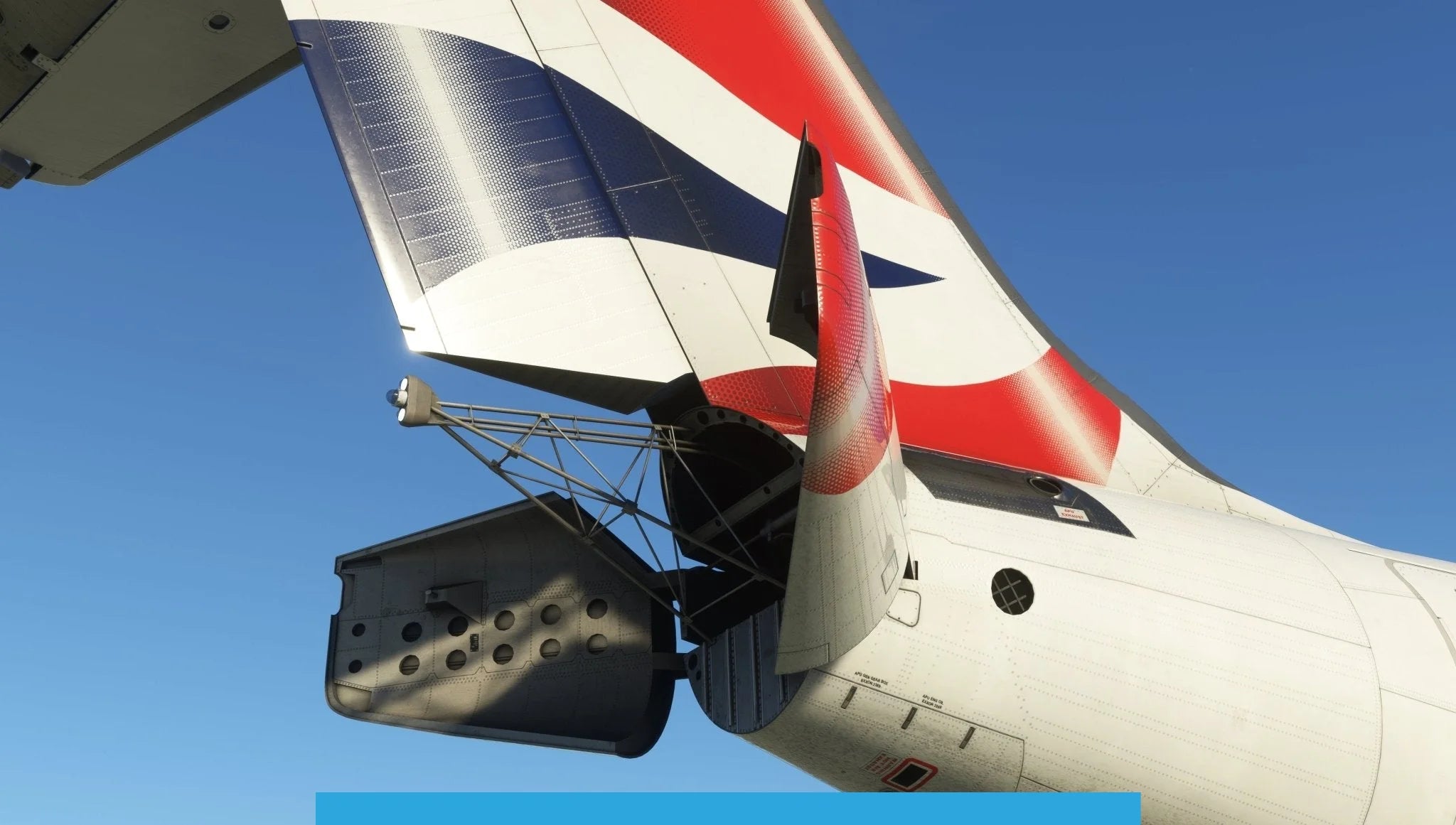 Close-up of a passenger airplane's tail, featuring a red, white, and blue color scheme with an open rear compartment. This stunning detail echoes the craftsmanship of the Just Flight BAE-146 Professional for MSFS2020 against a clear blue sky backdrop.