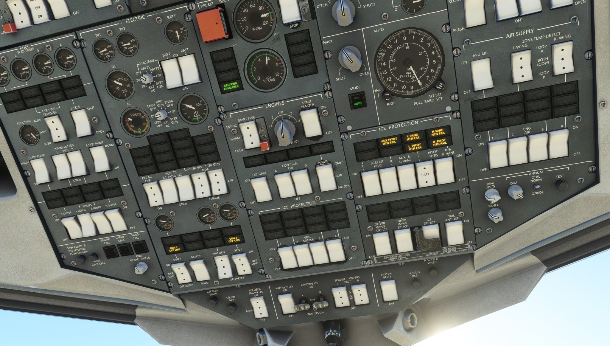 A close-up view of an aircraft cockpit panel overflowing with switches, dials, and gauges closely resembles the Just Flight BAE-146 Professional for MSFS2020 design. Labels identify controls for electrical and engine systems, highlighting the intricate layout that reflects the complex detail accurately replicated by Just Flight's simulators.