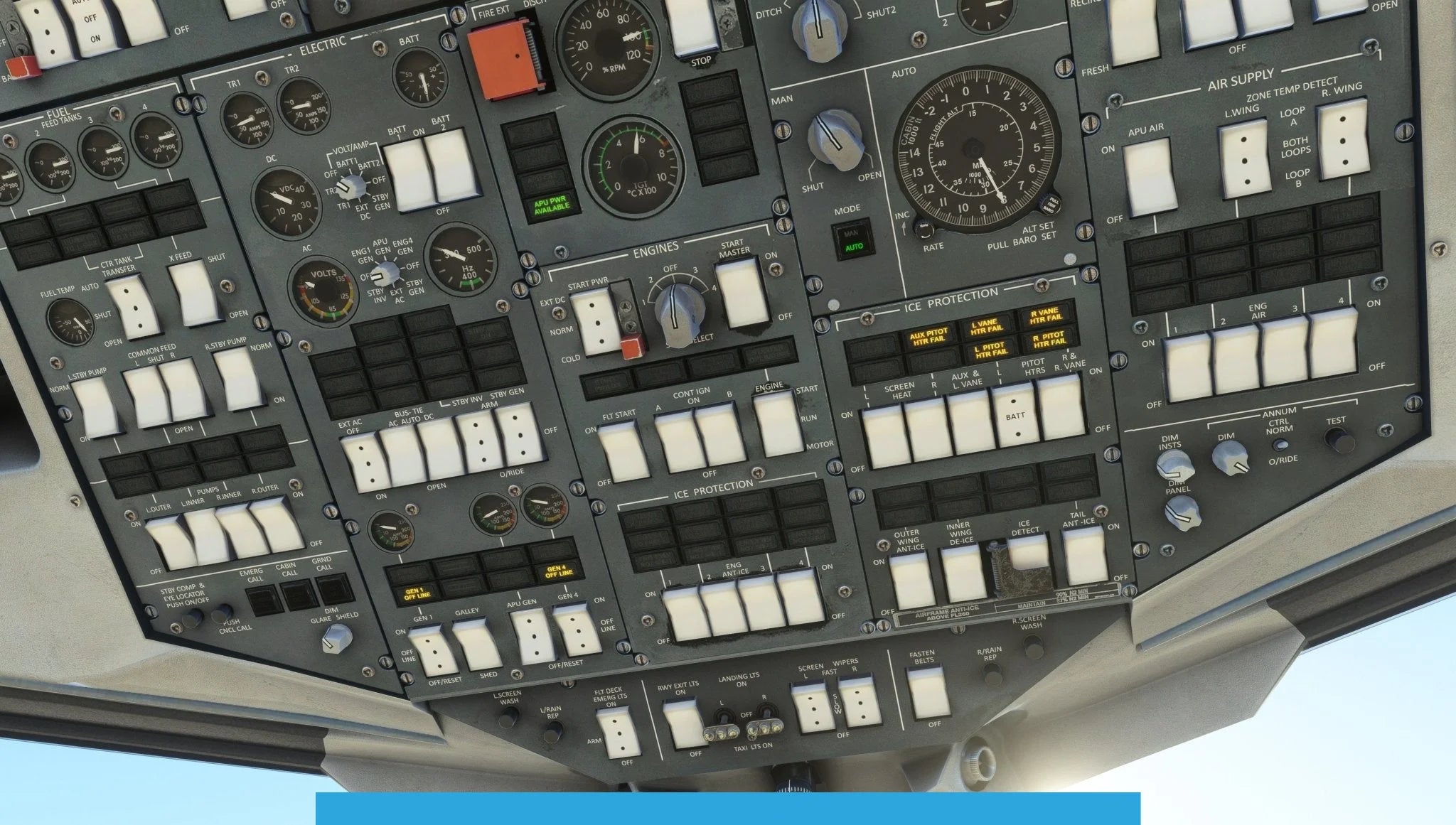 A close-up view of an aircraft cockpit panel overflowing with switches, dials, and gauges closely resembles the Just Flight BAE-146 Professional for MSFS2020 design. Labels identify controls for electrical and engine systems, highlighting the intricate layout that reflects the complex detail accurately replicated by Just Flight's simulators.