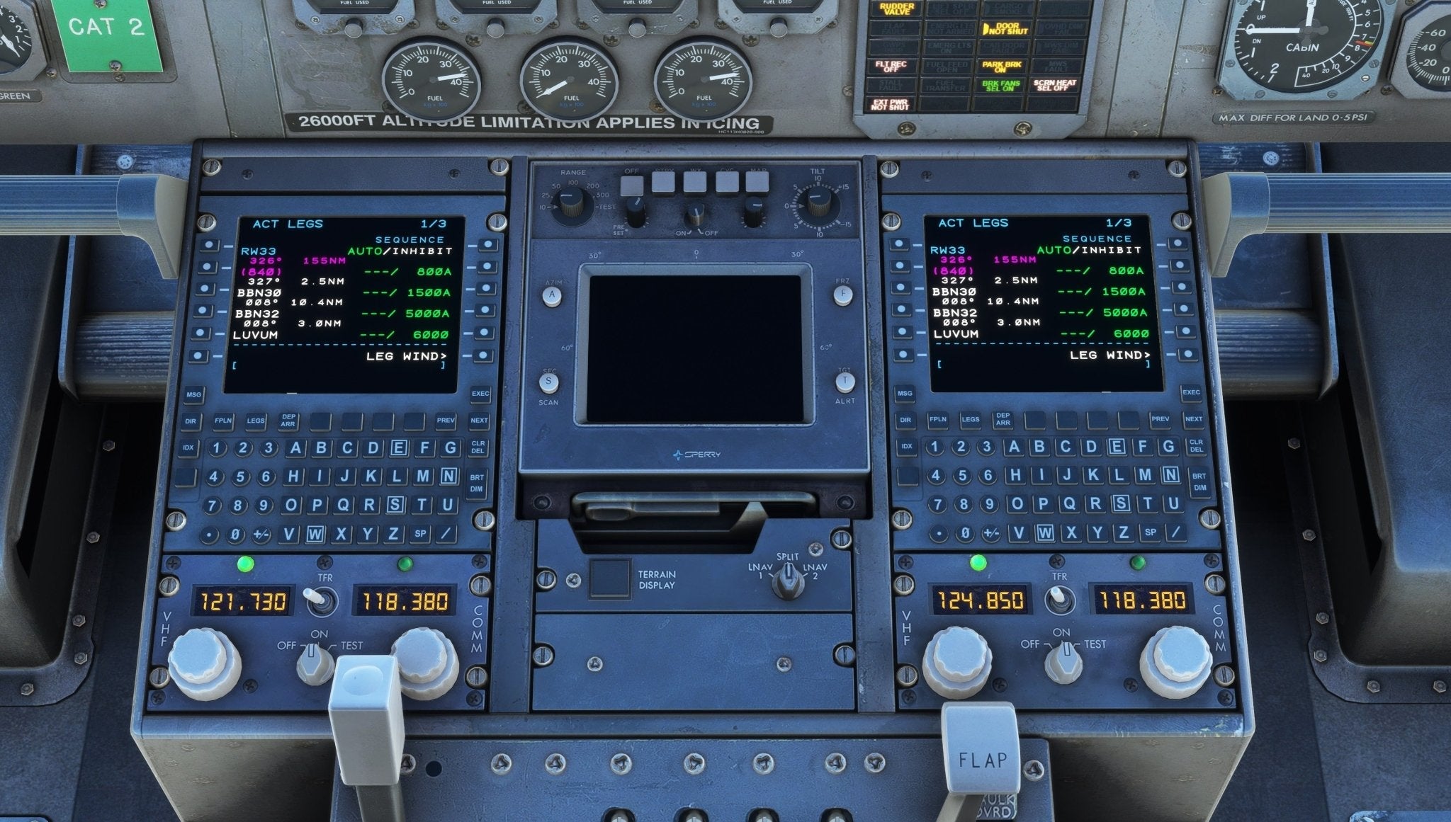 Close-up view of the BAE-146 Professional cockpit panel in MSFS2020, highlighting multiple screens with vibrant flight data. Numerous buttons, switches, and indicators are visible, along with altitude and radio frequency displays. Enjoy the detailed realism created by Just Flight.