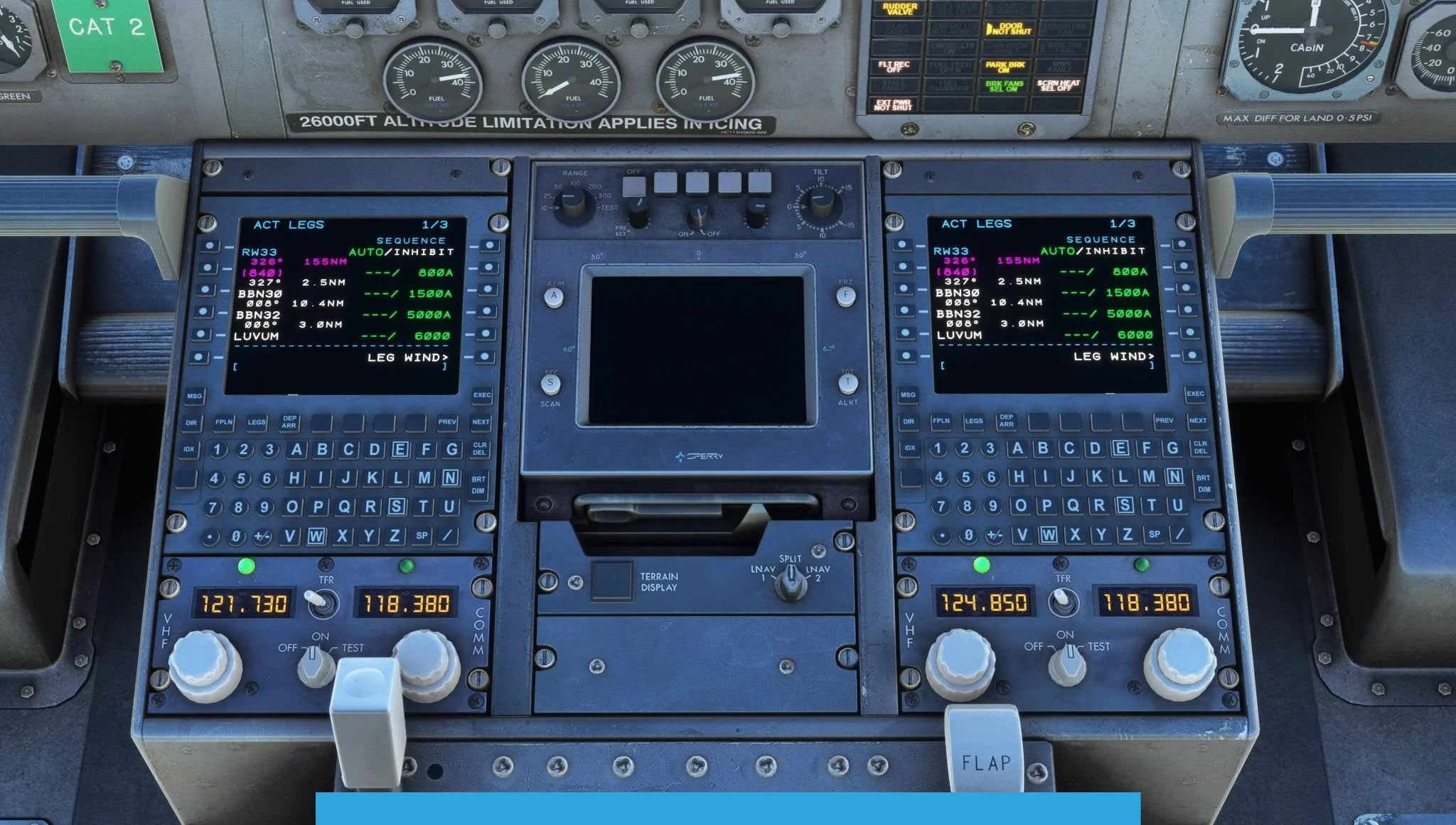 Close-up view of the BAE-146 Professional cockpit panel in MSFS2020, highlighting multiple screens with vibrant flight data. Numerous buttons, switches, and indicators are visible, along with altitude and radio frequency displays. Enjoy the detailed realism created by Just Flight.