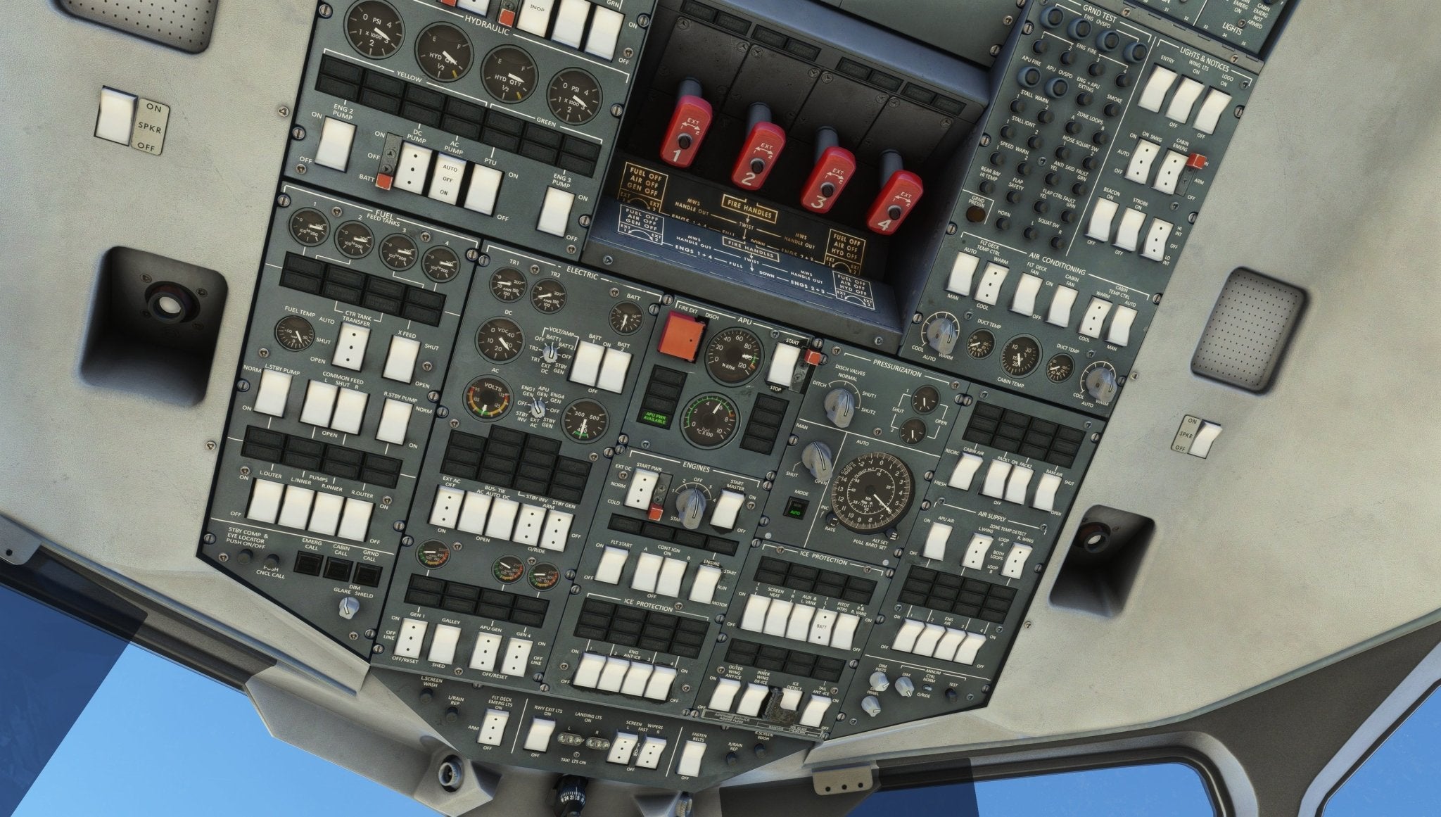 Close-up view of an aircraft cockpit control panel, intricate and complex, featuring a multitude of switches, dials, and gauges. Against the backdrop of a clear blue sky visible through the cockpit window, it feels like piloting the Just Flight BAE-146 Professional for MSFS2020.