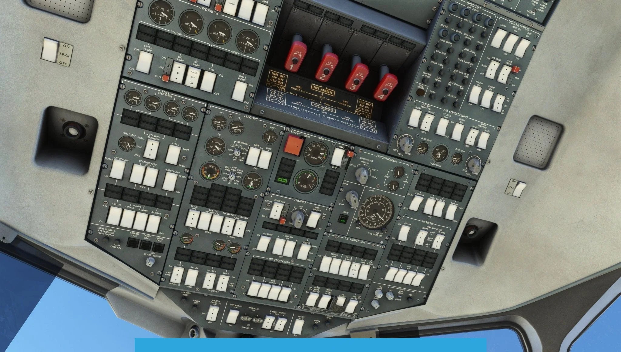 Close-up view of an aircraft cockpit control panel, intricate and complex, featuring a multitude of switches, dials, and gauges. Against the backdrop of a clear blue sky visible through the cockpit window, it feels like piloting the Just Flight BAE-146 Professional for MSFS2020.