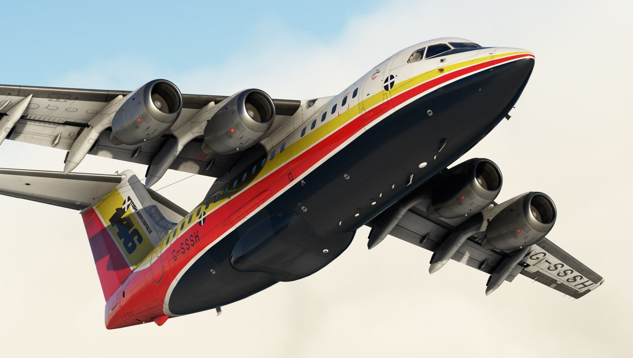 A vibrant Just Flight BAE-146 Professional for MSFS2020 soars through the blue sky and clouds, featuring a striking red, yellow, black, and white striped design that reflects the dynamic style of Just Flight's models.