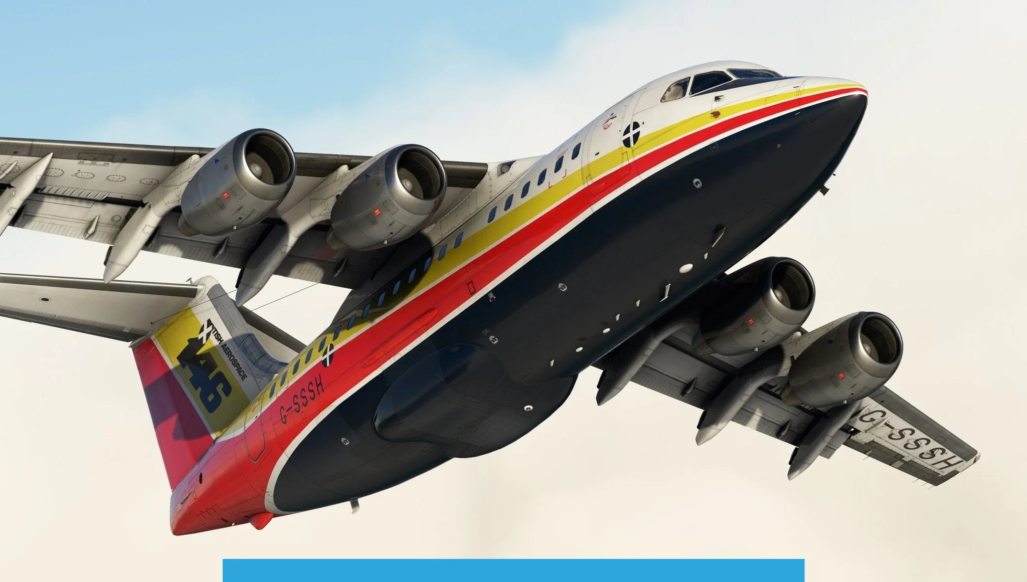 A vibrant Just Flight BAE-146 Professional for MSFS2020 soars through the blue sky and clouds, featuring a striking red, yellow, black, and white striped design that reflects the dynamic style of Just Flight's models.