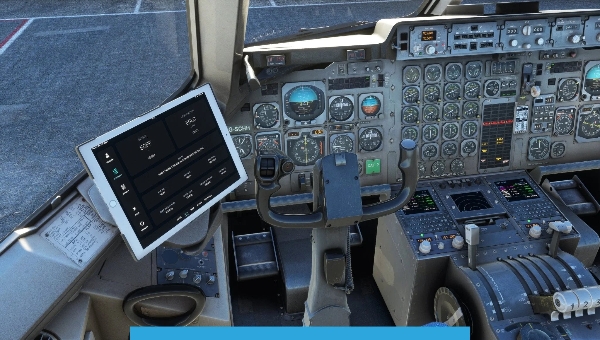 The cockpit of an aircraft, akin to the Just Flight BAE-146 Professional for MSFS2020, features an extensive array of control panels, switches, and gauges. A tablet is mounted on the left side, providing technical information essential for MSFS enthusiasts. The well-lit scene emphasizes the detailed instrumentation and pilot seat.