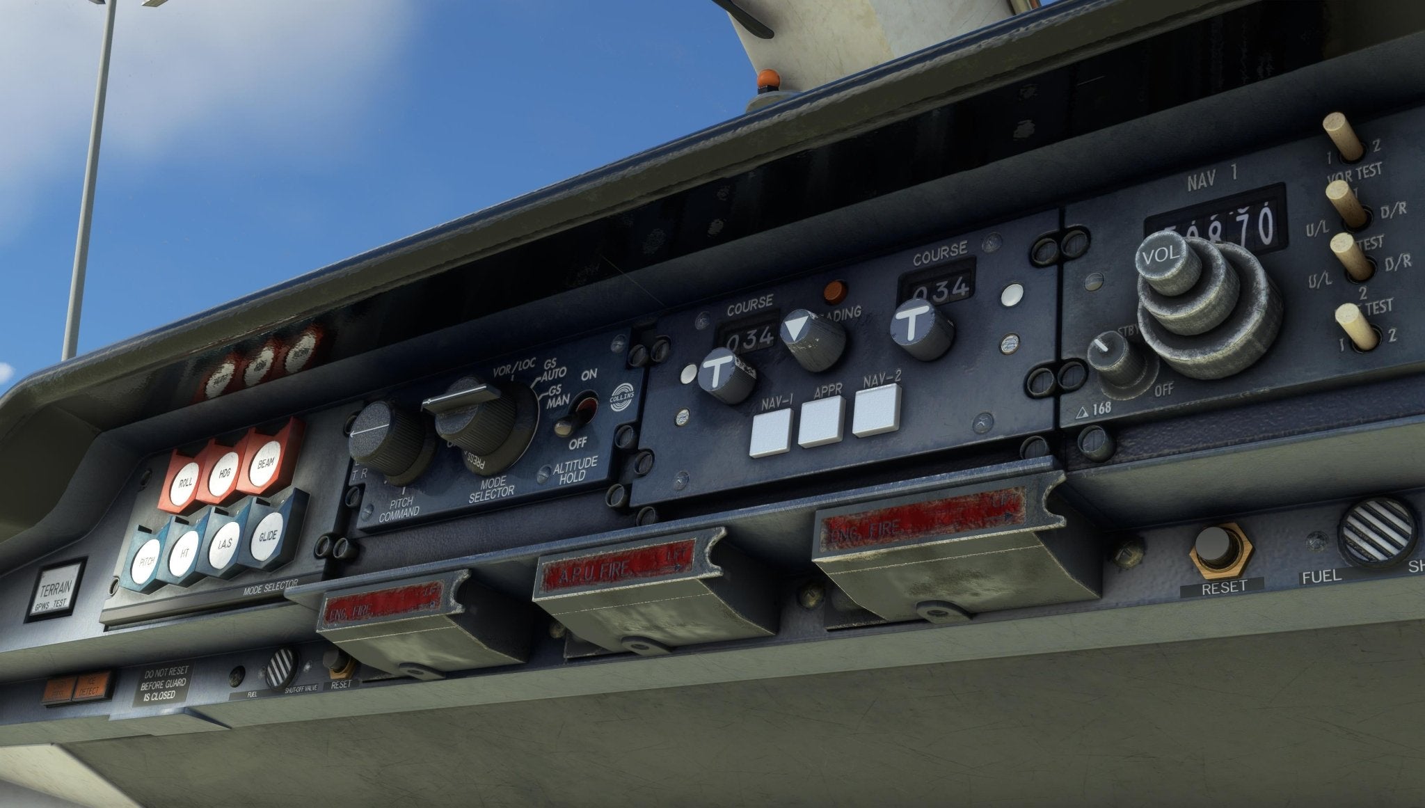 A close-up of the cockpit panel from the Just Flight Fokker-28 Professional for MSFS2020 reveals an intricate array of knobs, switches, and buttons with labels such as "NAV 1" and "VOR." Various settings and numerical values are visible against a tranquil sky backdrop, embodying the precision that Just Flight is renowned for.