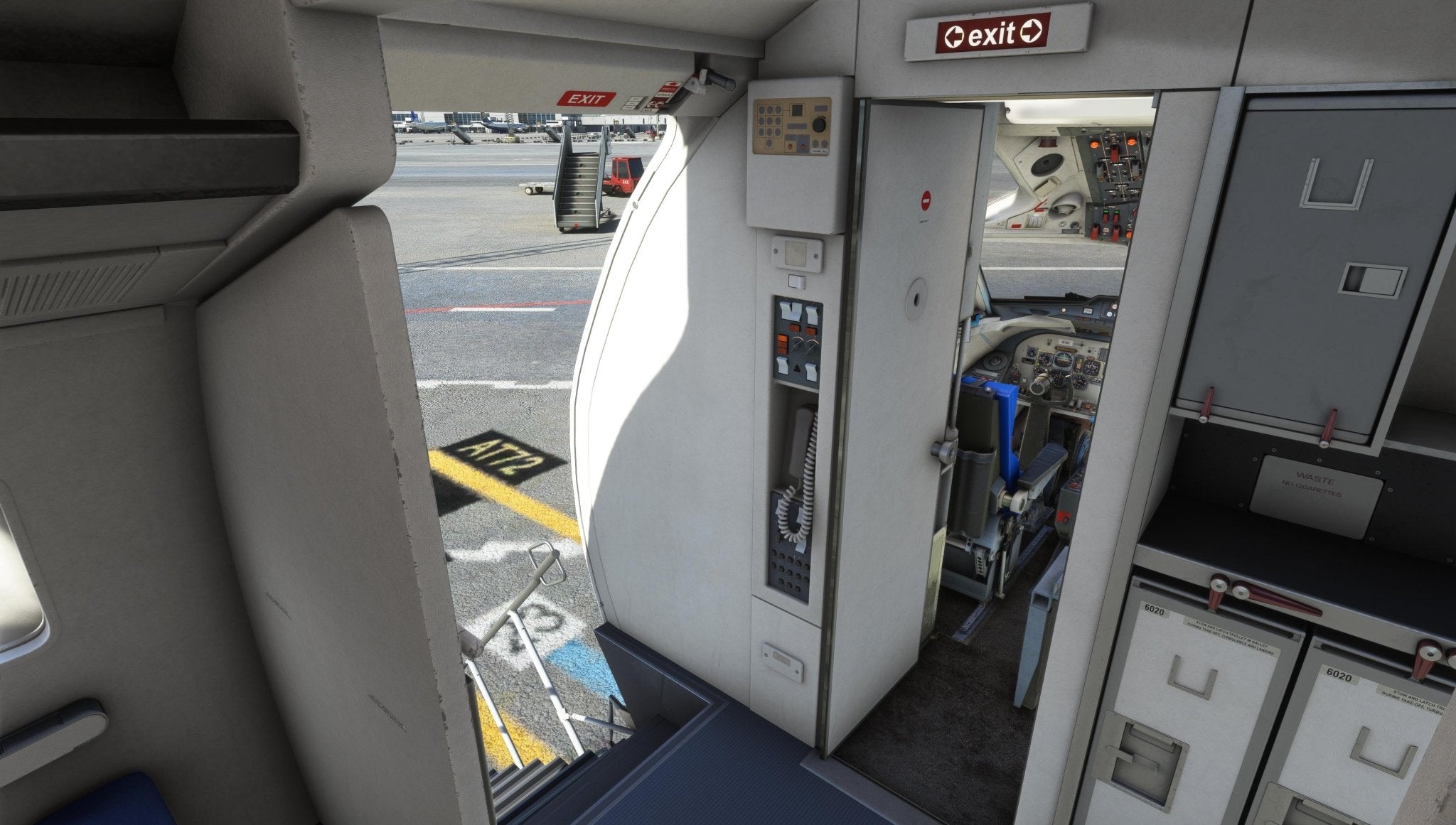 Inside the Just Flight Fokker-28 Professional for MSFS2020, you can see the cockpit door slightly open, alluding to sophisticated flight controls and plush seating. To your left is the exit door leading to the tarmac, marked by a prominent "Exit" sign overhead. Just Flight's meticulous craftsmanship shines through in the passenger storage compartments on the right side.