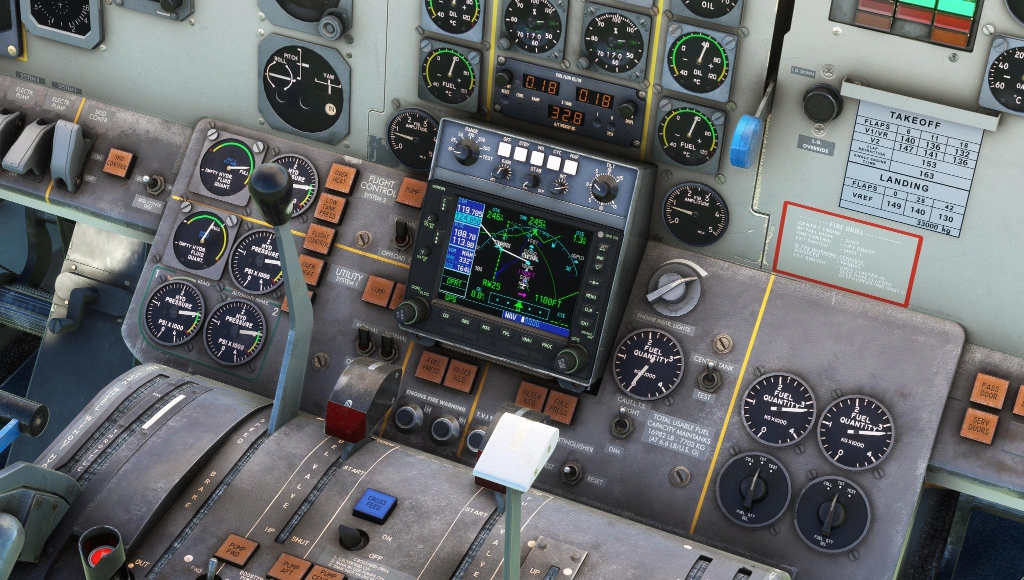 A close-up of the aircraft cockpit showcases the F28 regional jet, featuring a variety of dials, switches, and a central digital display with navigation data. The throttle controls are clearly visible in the foreground, accompanied by labeled instructions on a right-hand panel, encapsulating the essence of Just Flight's Fokker-28 Professional for MSFS2020.