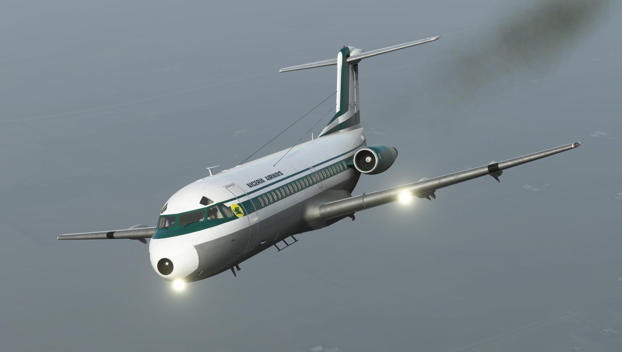 A Just Flight Fokker-28 Professional for MSFS2020, a vintage regional jet with two engines, painted in green and white stripes, flies through a cloudy sky. The aircraft's landing lights are on as it trails dark smoke from one engine, capturing the essence of the classic era promoted by Just Flight.