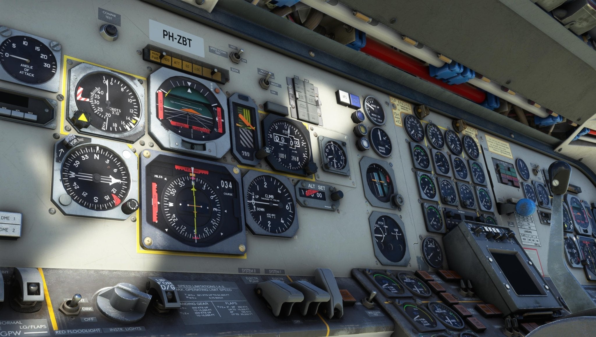 A close-up of the Just Flight Fokker-28 Professional for MSFS2020 cockpit instrument panel reveals an array of analog gauges, dials, and switches. These intricate displays on the regional jet include speed, altitude, and direction indicators, all set against a tangle of wires and labels.