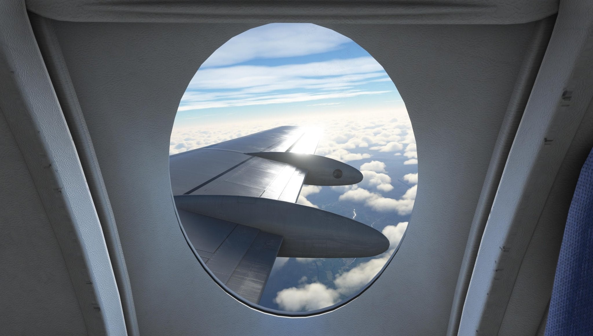 The view from an airplane window reveals the wing and engine of the Just Flight Fokker-28 Professional for MSFS2020, set against a backdrop of fluffy clouds and a vibrant blue sky. Sunlight bathes the scene, enhancing the serene ambiance above the clouds—a genuine experience with Just Flight.