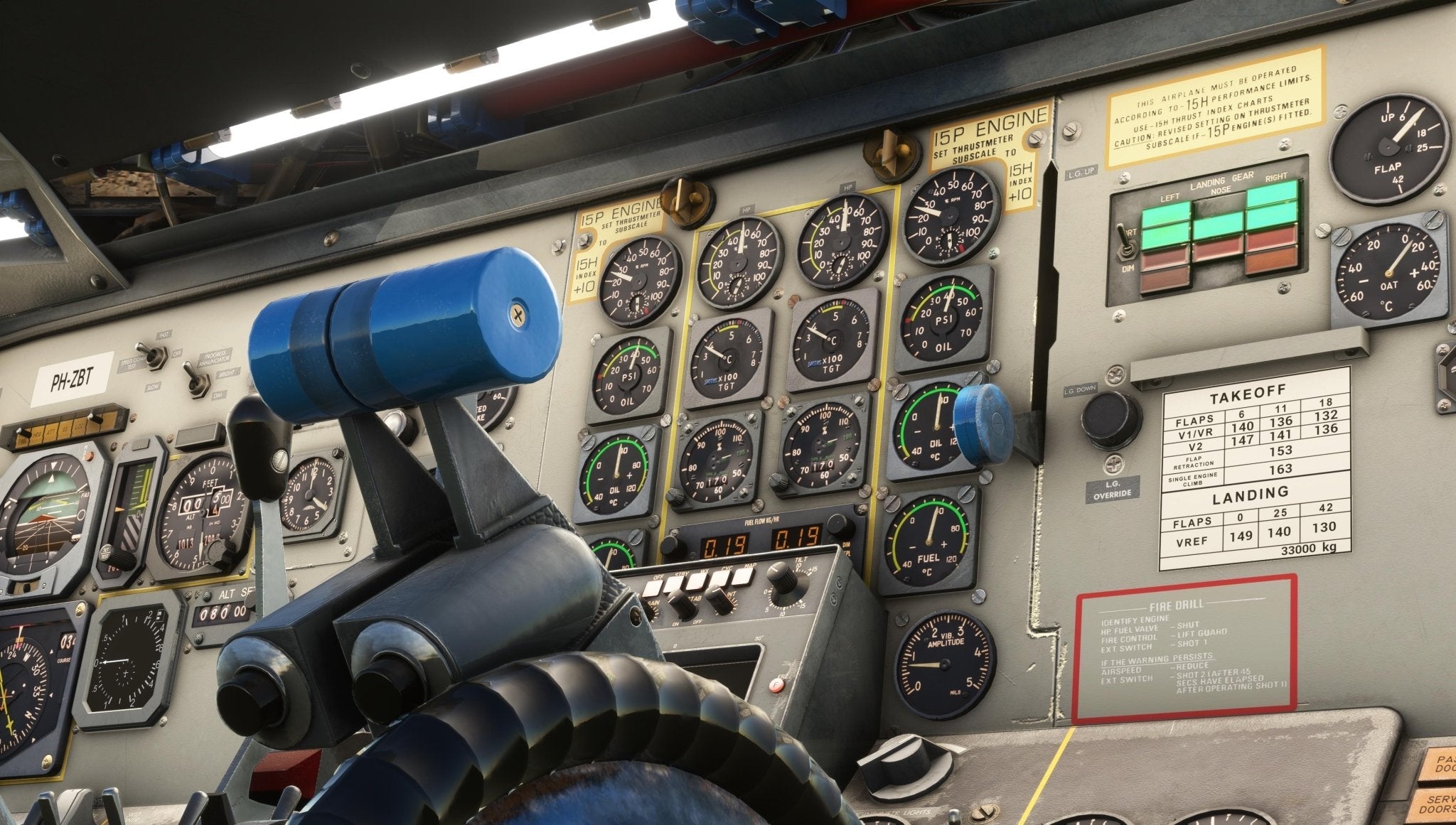 A close-up of a Fokker-28 regional jet cockpit panel showcases gauges and indicators for engine pressure, oil temperature, and fuel levels. The Just Flight Fokker-28 Professional for MSFS2020 prominently features a control yoke in the foreground alongside a chart listing takeoff and landing speeds.