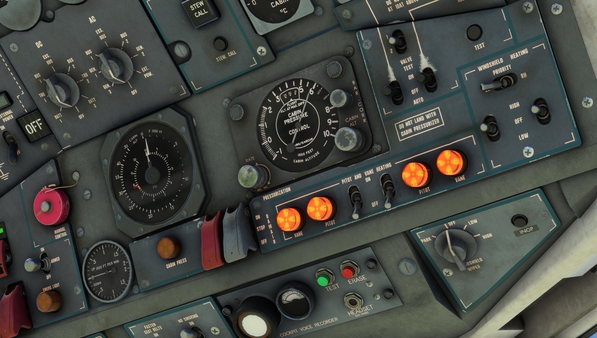 A close-up view of the cockpit control panel within the Just Flight Fokker-28 Professional for MSFS2020, highlighting an array of analog gauges, switches, knobs, and illuminated warning lights. This intricately designed panel features English labels indicating different functions and operational settings related to the aircraft.