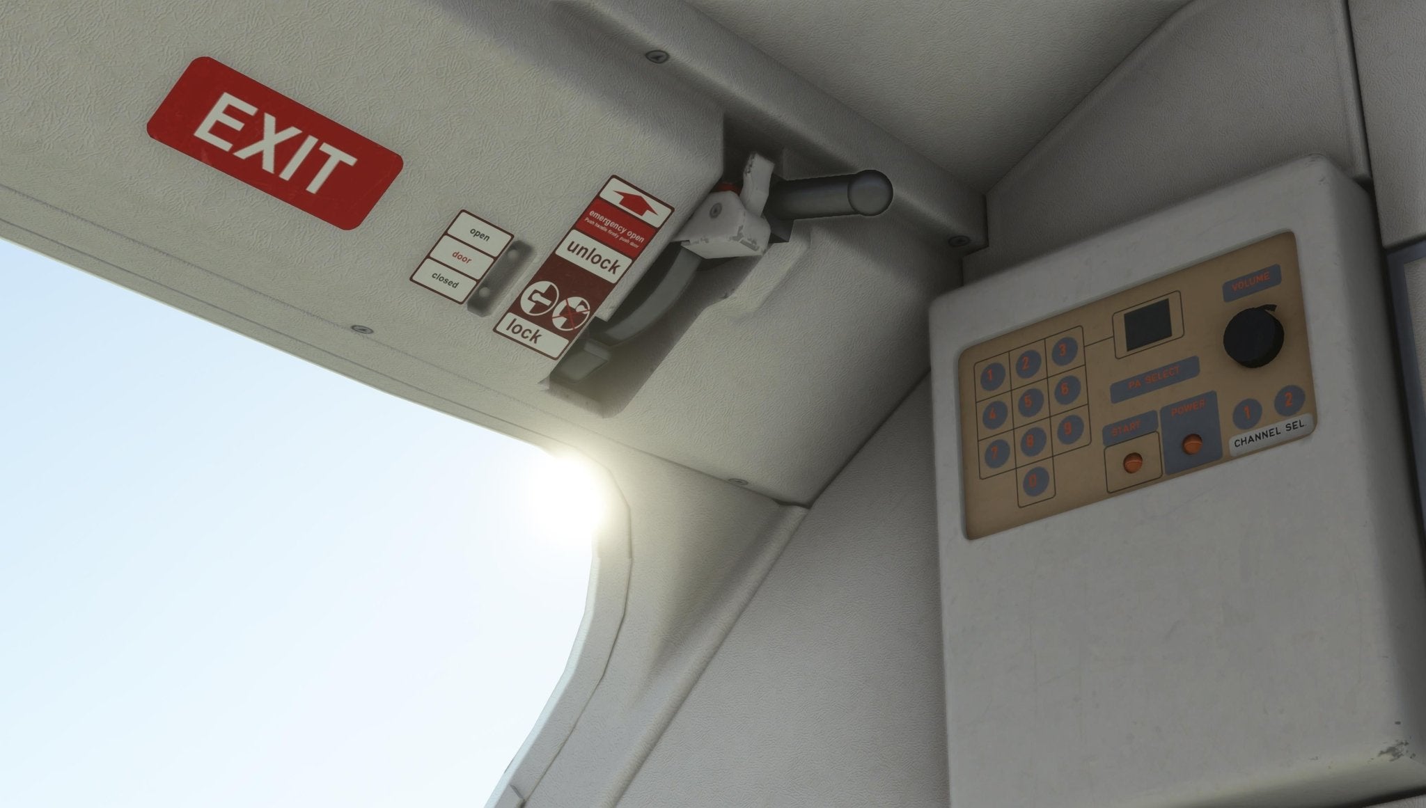 Interior view of the Just Flight Fokker-28 Professional for MSFS2020 door, showcasing an exit sign, lock/unlock instructions with a handle, and an operating panel with buttons and a display. The design by Just Flight allows the bright sky to shine through the window.