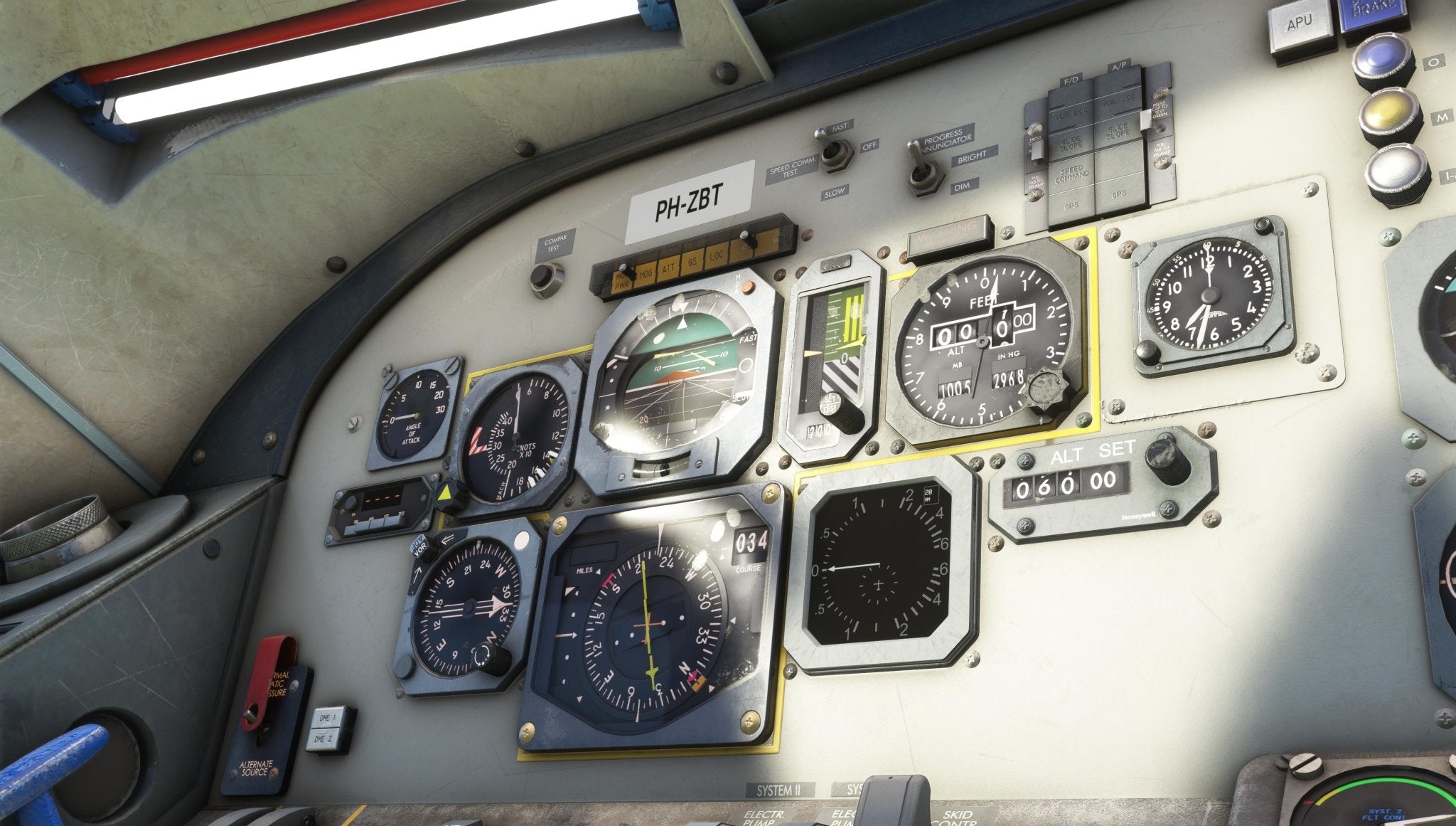 Close-up of a Just Flight Fokker-28 Professional for MSFS2020 cockpit instrument panel showcasing various gauges and meters. The altimeter, airspeed indicator, and other flight instruments are visible, surrounded by buttons and switches. A label with "PH-ZBT" is displayed above the panel in this Just Flight simulation.